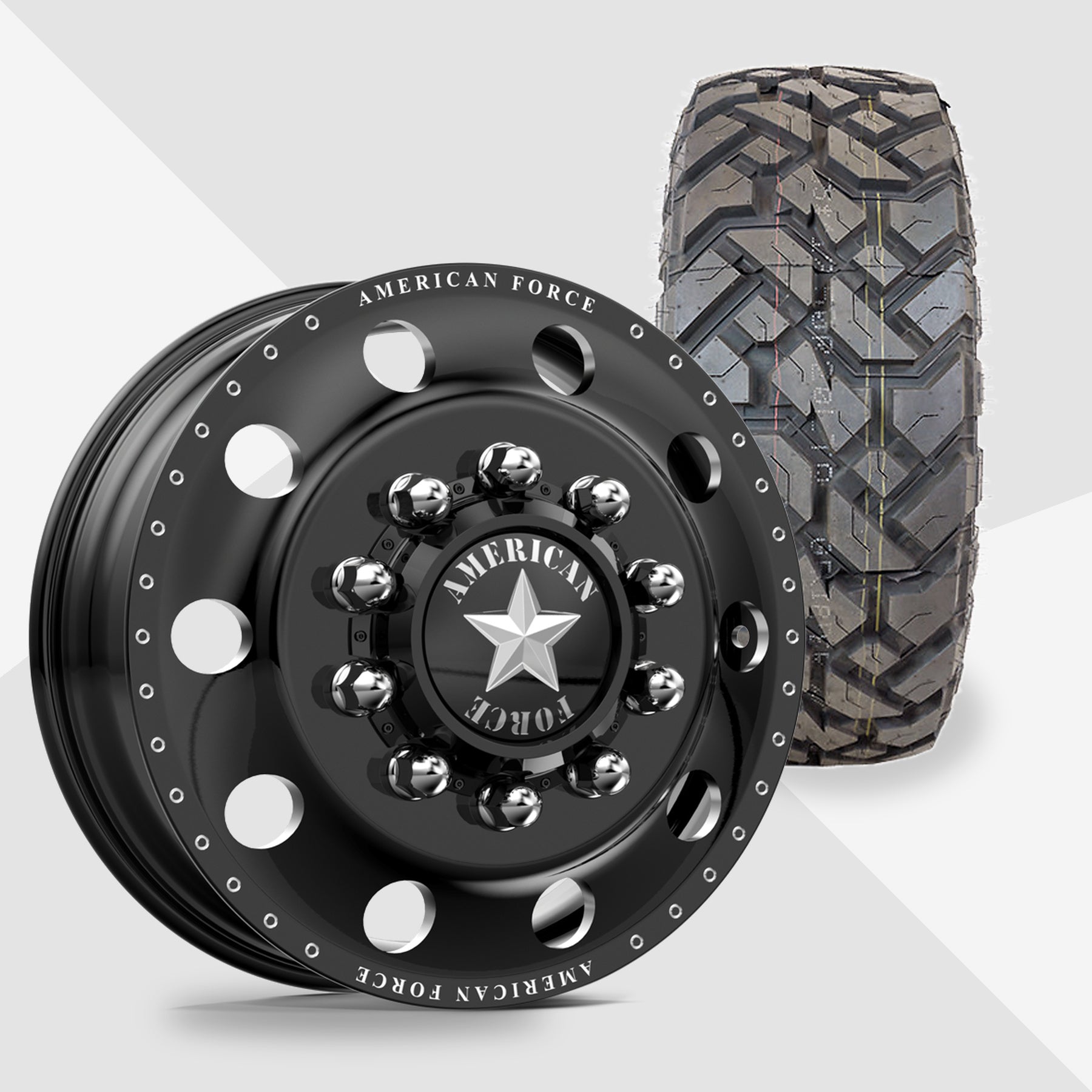 American Force Classic Gloss Black Milled 22x8.25 Fuel Tires Gripper X/T 33x12.50R22 22" Dually Package