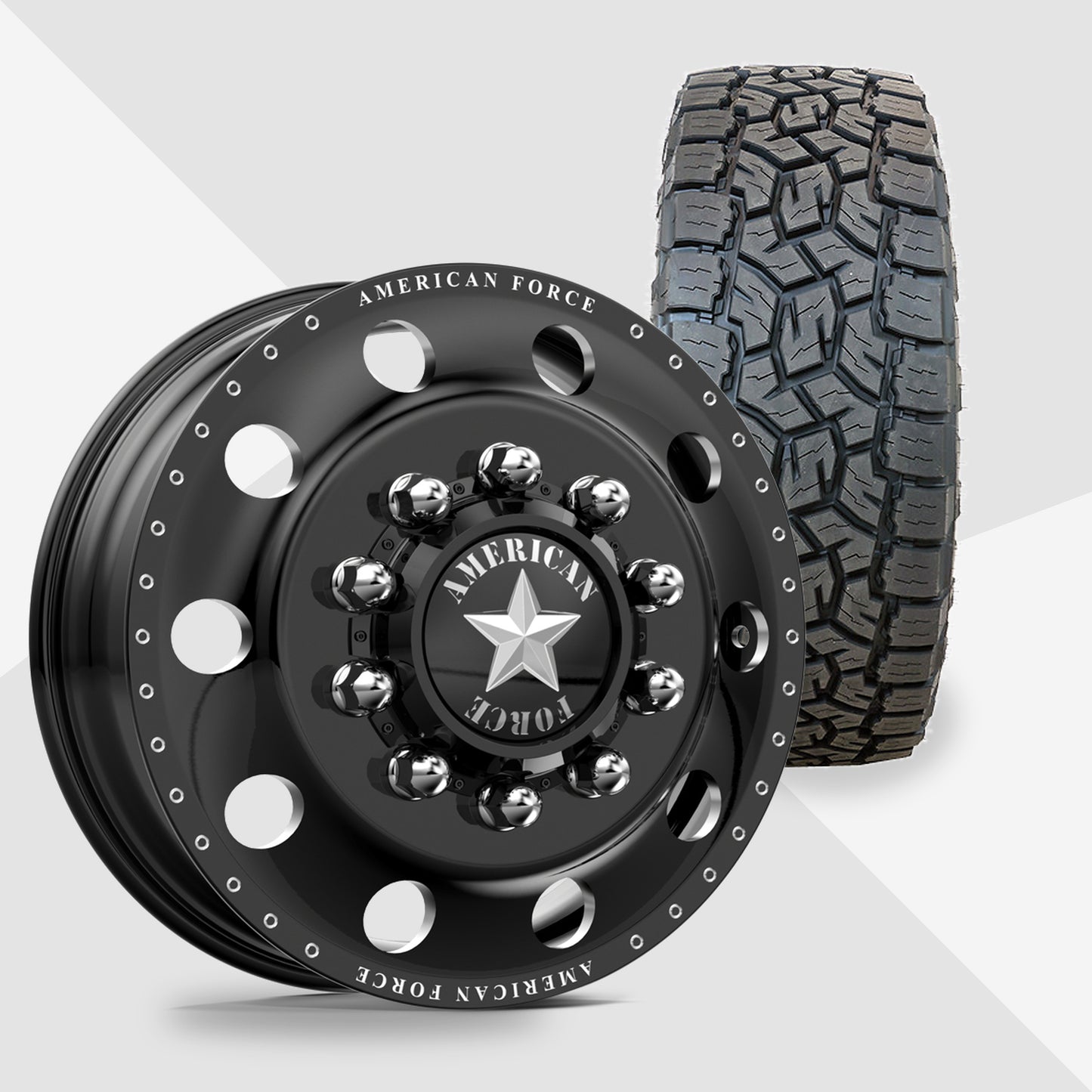 American Force Classic Gloss Black Milled 22x8.25 Toyo Tires Open Country A/T III 33x12.50R22 22" Dually Package