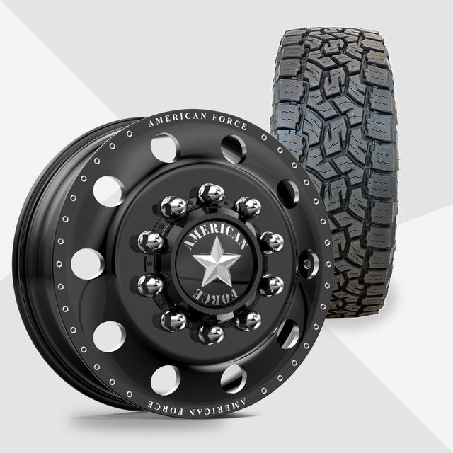 American Force Classic Gloss Black Milled 22x8.25 Toyo Tires Open Country A/T III 33x12.50R22 22" Dually Package