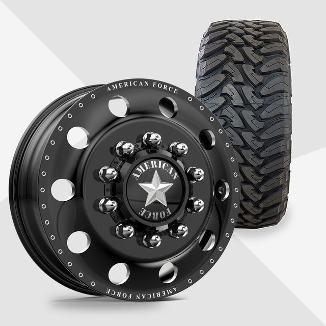 American Force Classic Gloss Black Milled 22x8.25 Toyo Tires Open Country M/T 33x12.50R22 22" Dually Package
