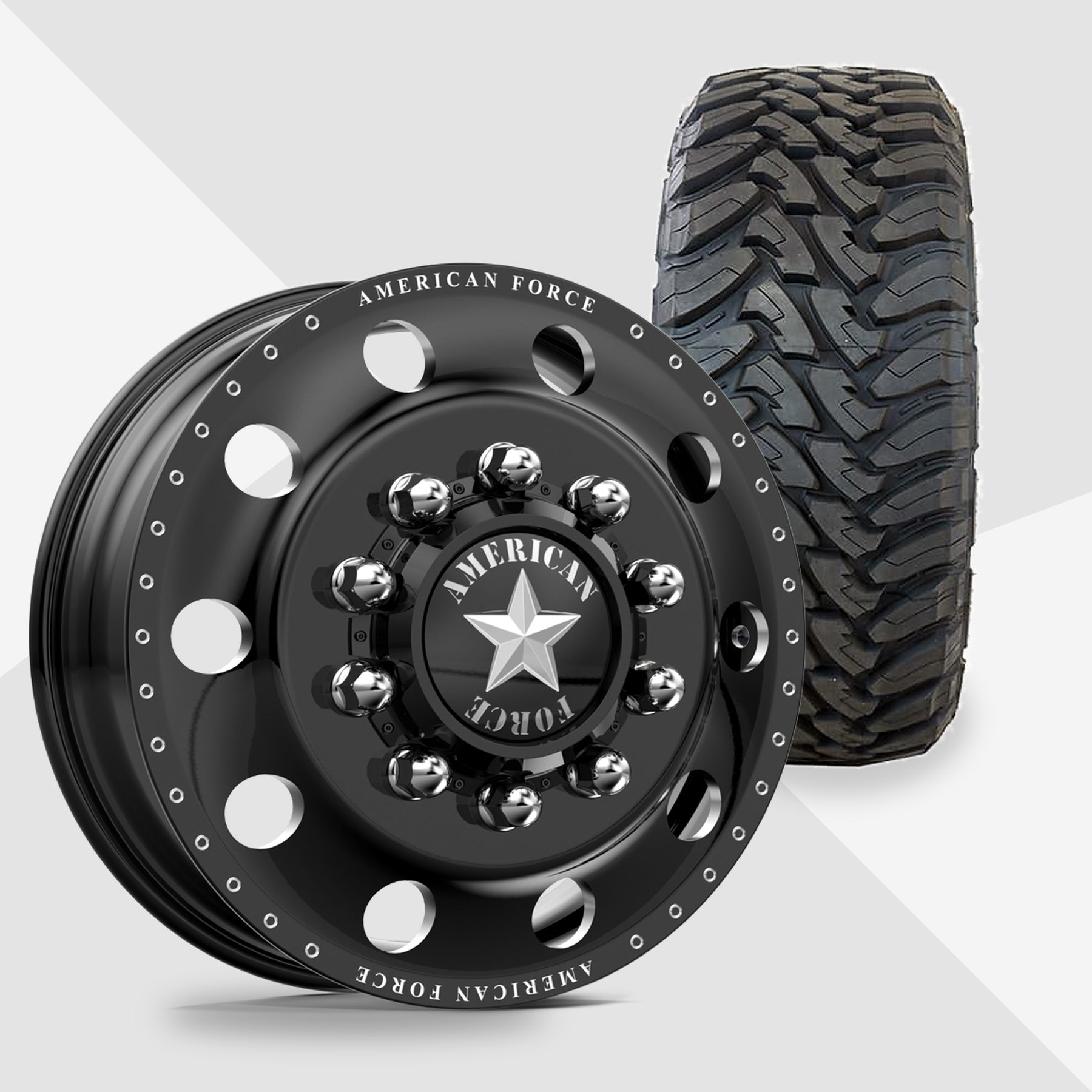 American Force Classic Gloss Black Milled 22x8.25 Toyo Tires Open Country M/T 33x12.50R22 22" Dually Package