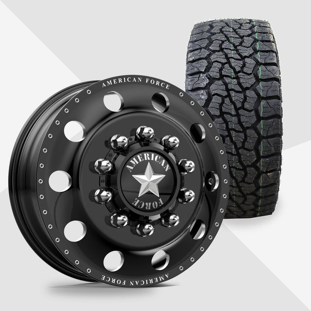 American Force Classic Gloss Black Milled 22x8.25 Venom Power Tires Swampthing A/T 33x12.50R22 22" Dually Package