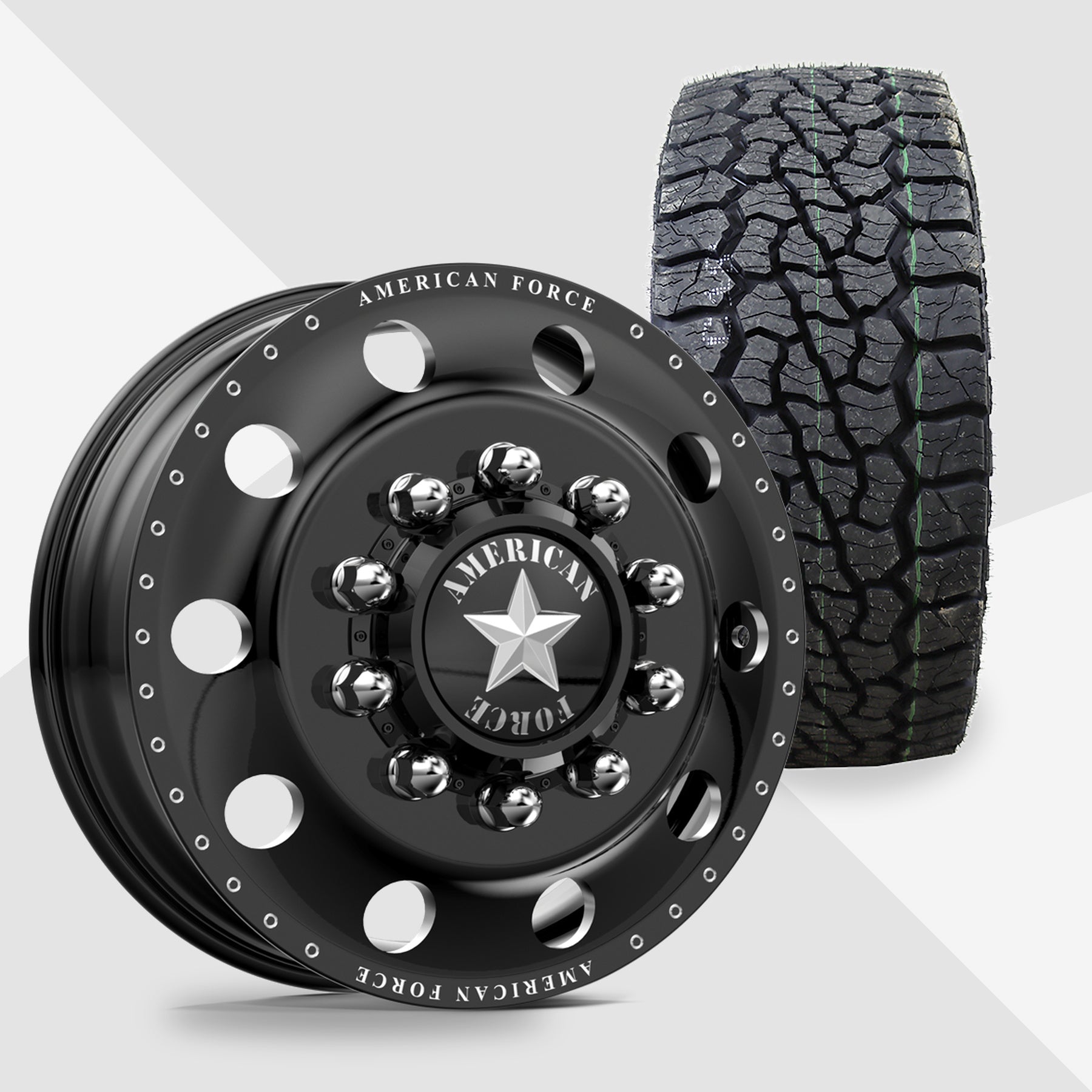 American Force Classic Gloss Black Milled 24x8.25 Venom Power Tires Swampthing A/T 35x13.50R24 24" Dually Package