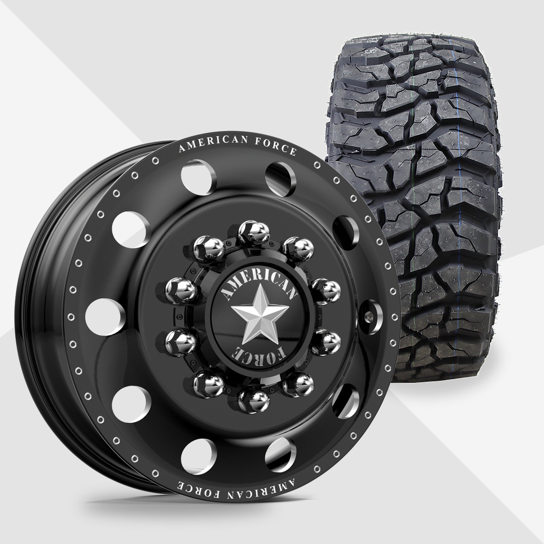 American Force Classic Gloss Black Milled 22x8.25 Venom Power Tires Swampthing M/T 35x12.50R22 22" Dually Package
