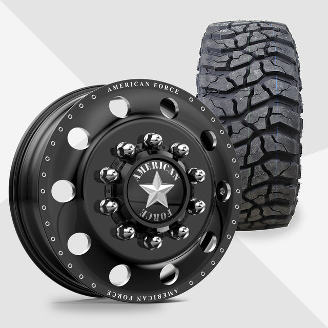 American Force Classic Gloss Black Milled 22x8.25 Venom Power Tires Swampthing M/T 35x12.50R22 22" Dually Package