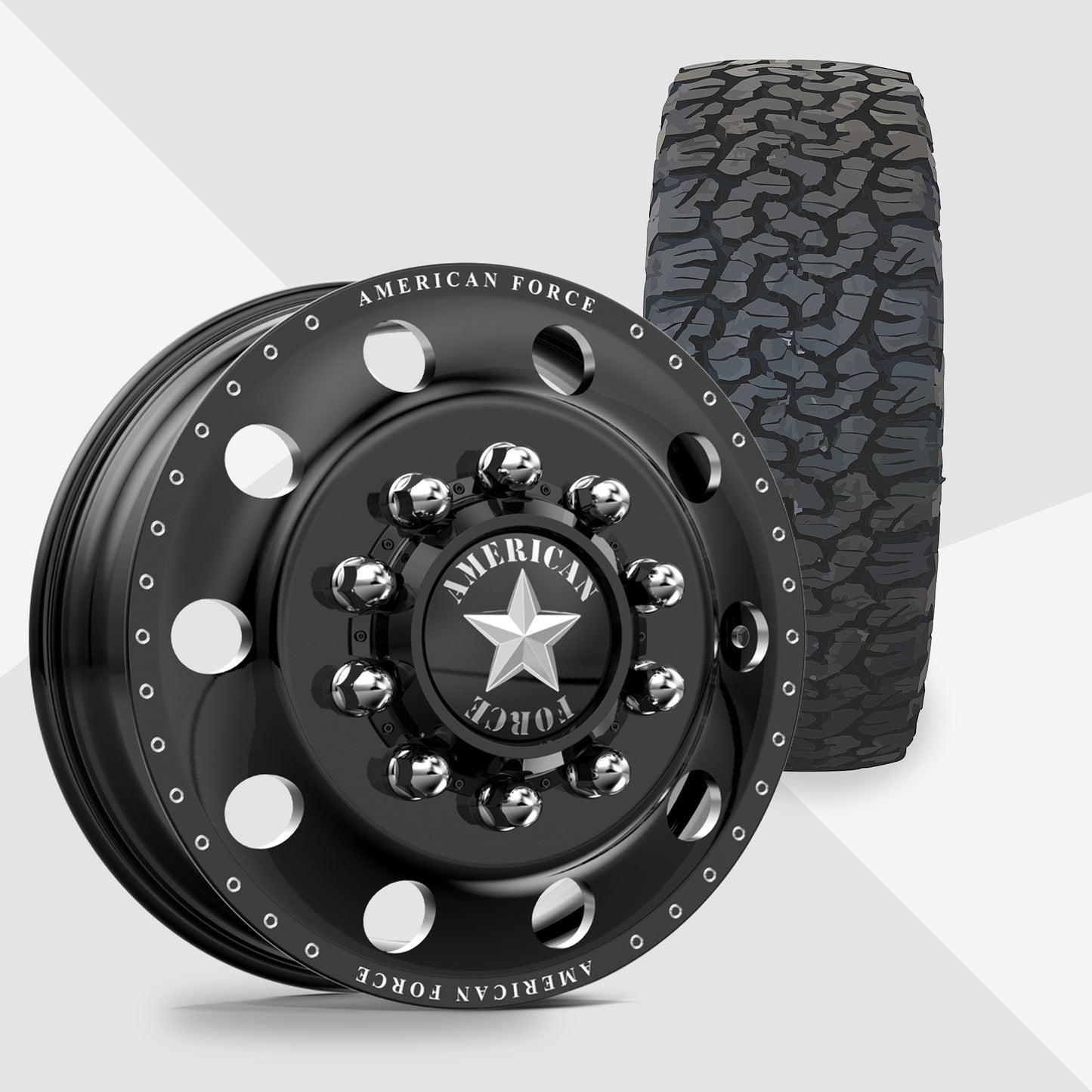 American Force Classic Gloss Black Milled 22x8.25 BF Goodrich Tires T/A KO2 A/T 35x12.50R22 22" Dually Package