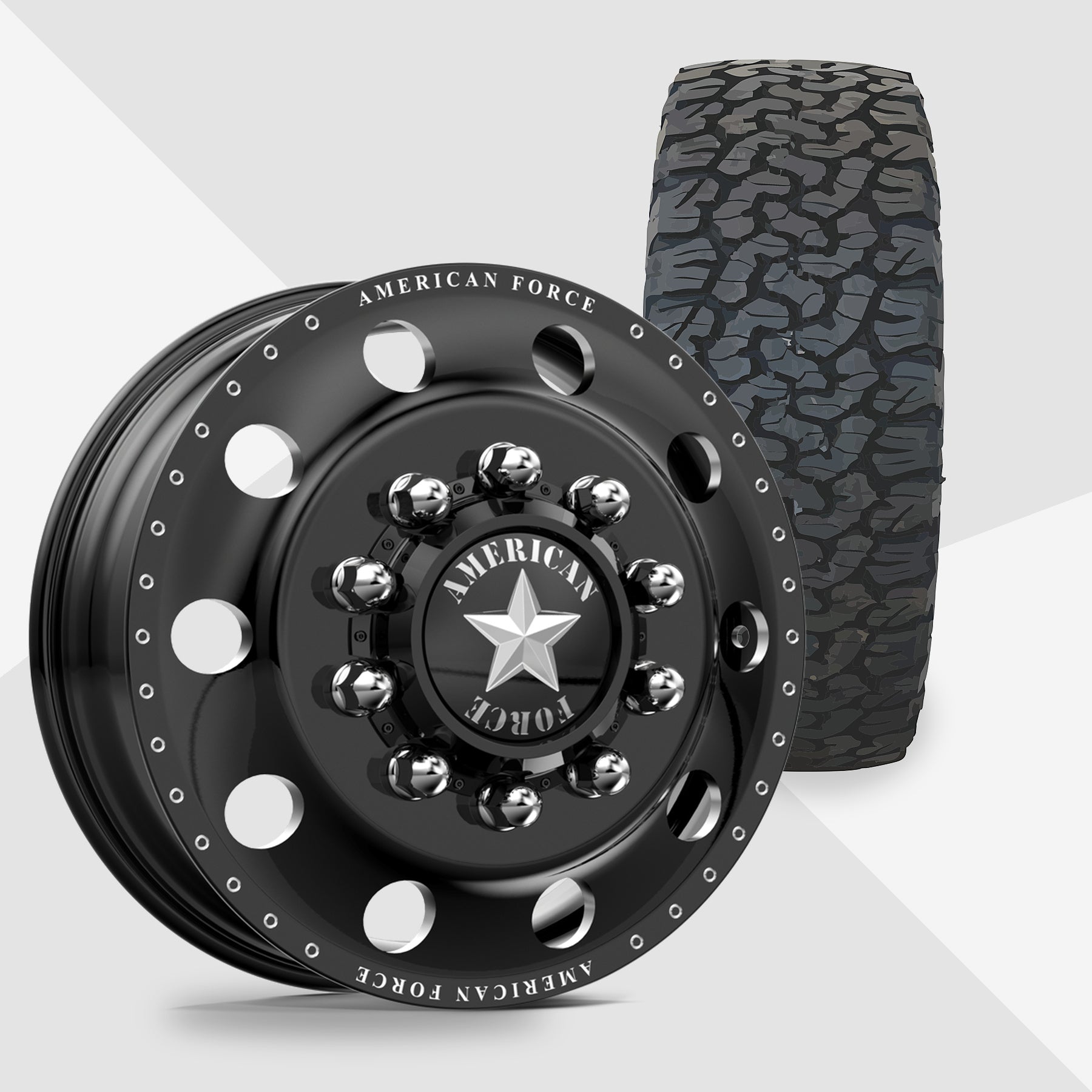 American Force Classic Gloss Black Milled 22x8.25 BF Goodrich Tires T/A KO2 A/T 35x12.50R22 22" Dually Package
