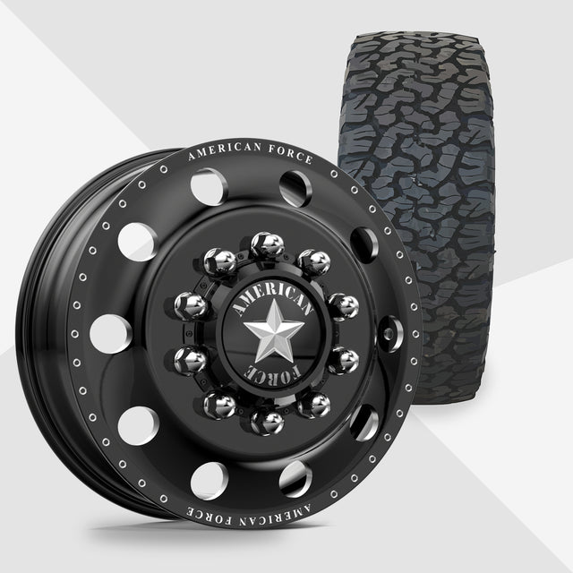 American Force Classic Gloss Black Milled 22x8.25 BF Goodrich Tires T/A KO2 A/T 35x12.50R22 22" Dually Package