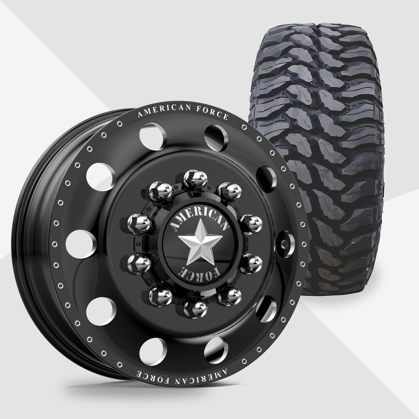 American Force Classic Gloss Black Milled 22x8.25 TIS Tires TIS Offroad TT1 M/T 33x12.50R22 22" Dually Package