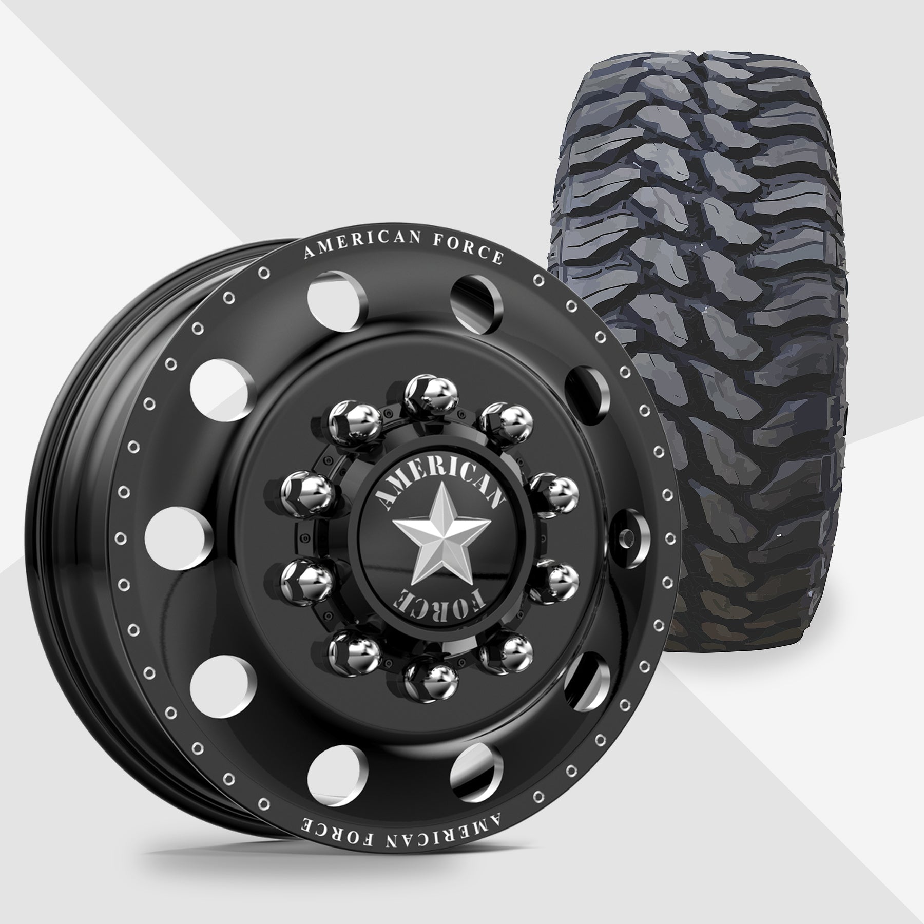American Force Classic Gloss Black Milled 22x8.25 TIS Tires TIS Offroad TT1 M/T 33x12.50R22 22" Dually Package
