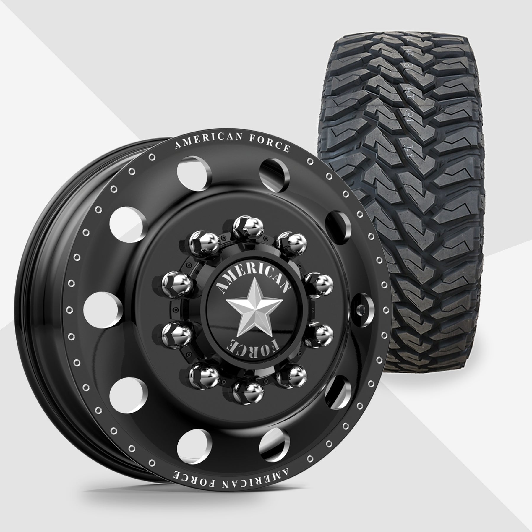 American Force Classic Gloss Black Milled 22x8.25 Venom Power Tires Terra Hunter M/T 33x12.50R22 22" Dually Package