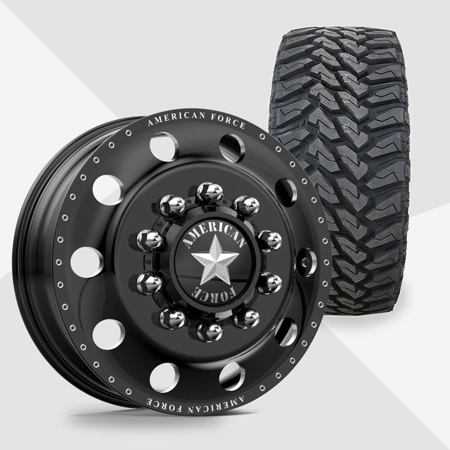 American Force Classic Gloss Black Milled 24x8.25 Venom Power Tires Terra Hunter M/T 35x13.50R24 24" Dually Package