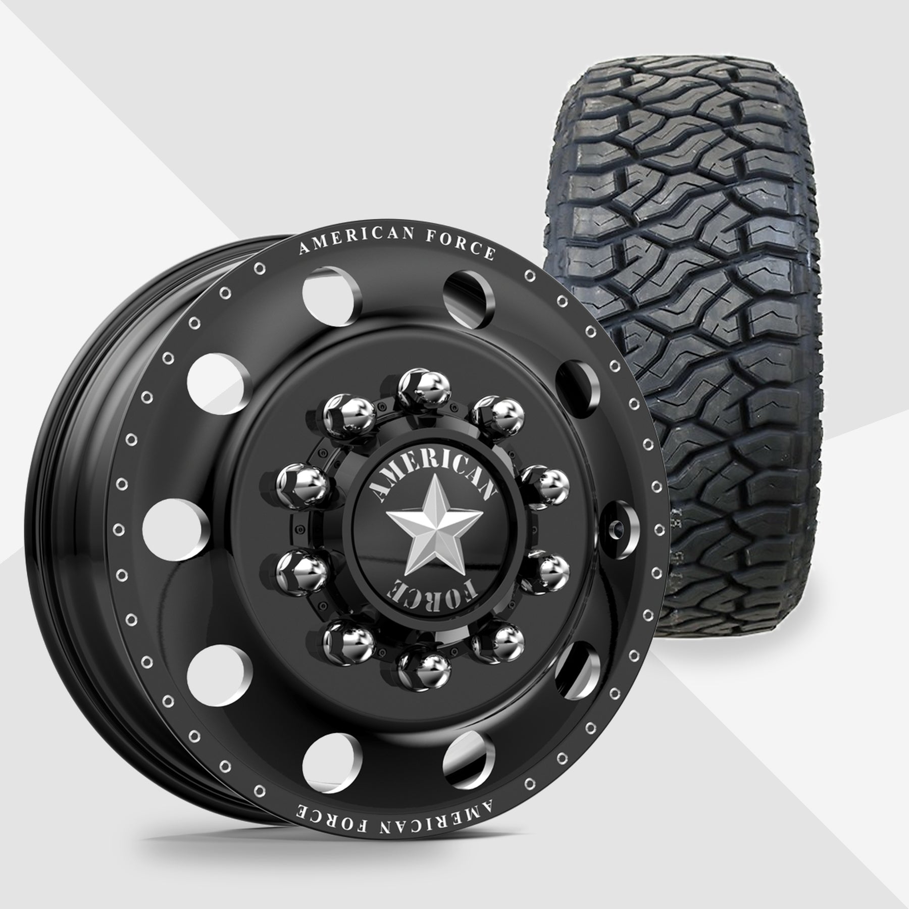American Force Classic Gloss Black Milled 24x8.25 Venom Power Tires Terra Hunter R/T Plus 35x12.50R24 24" Dually Package