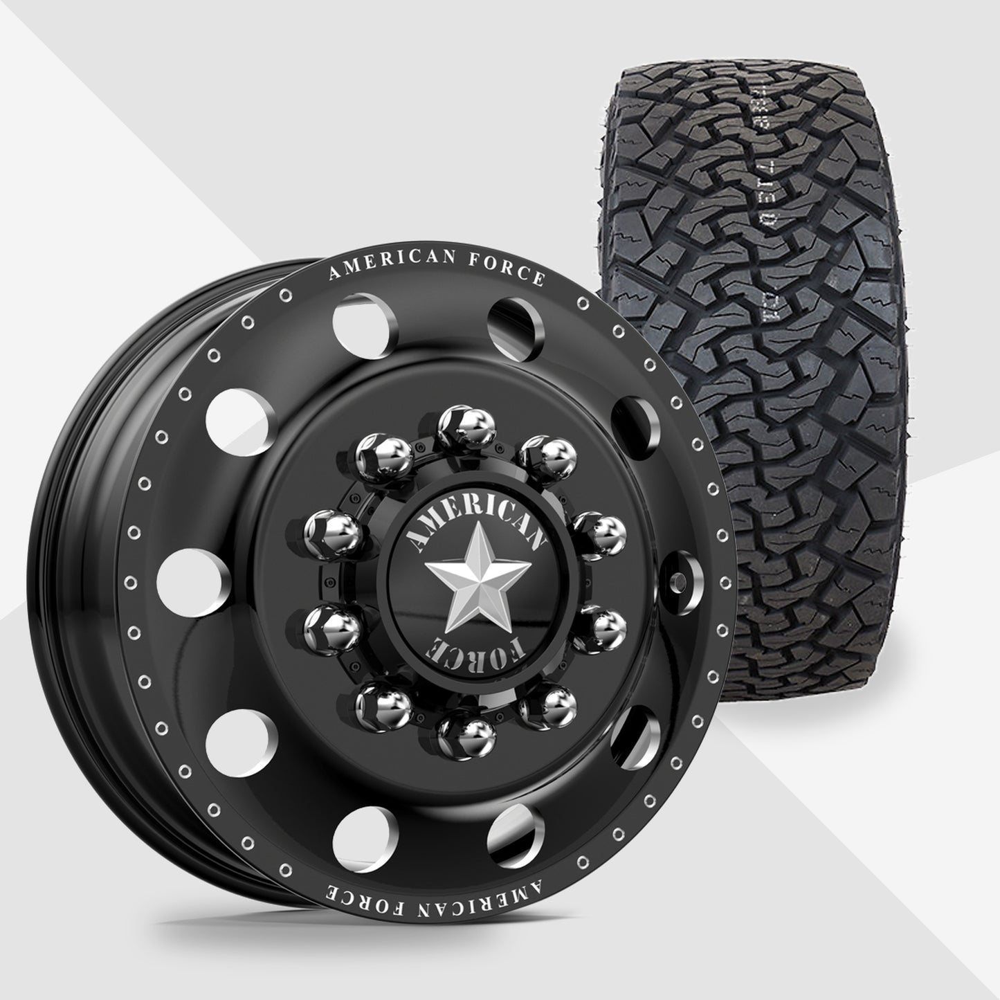 American Force Classic Gloss Black Milled 22x8.25 Venom Power Tires Terra Hunter X/T 33x12.50R22 22" Dually Package
