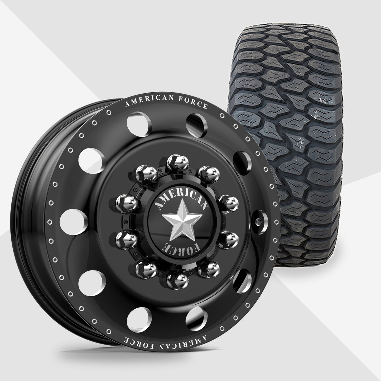 American Force Classic Gloss Black Milled 22x8.25 AMP Tires Terrain Attack A/T 33x12.50R22 22" Dually Package