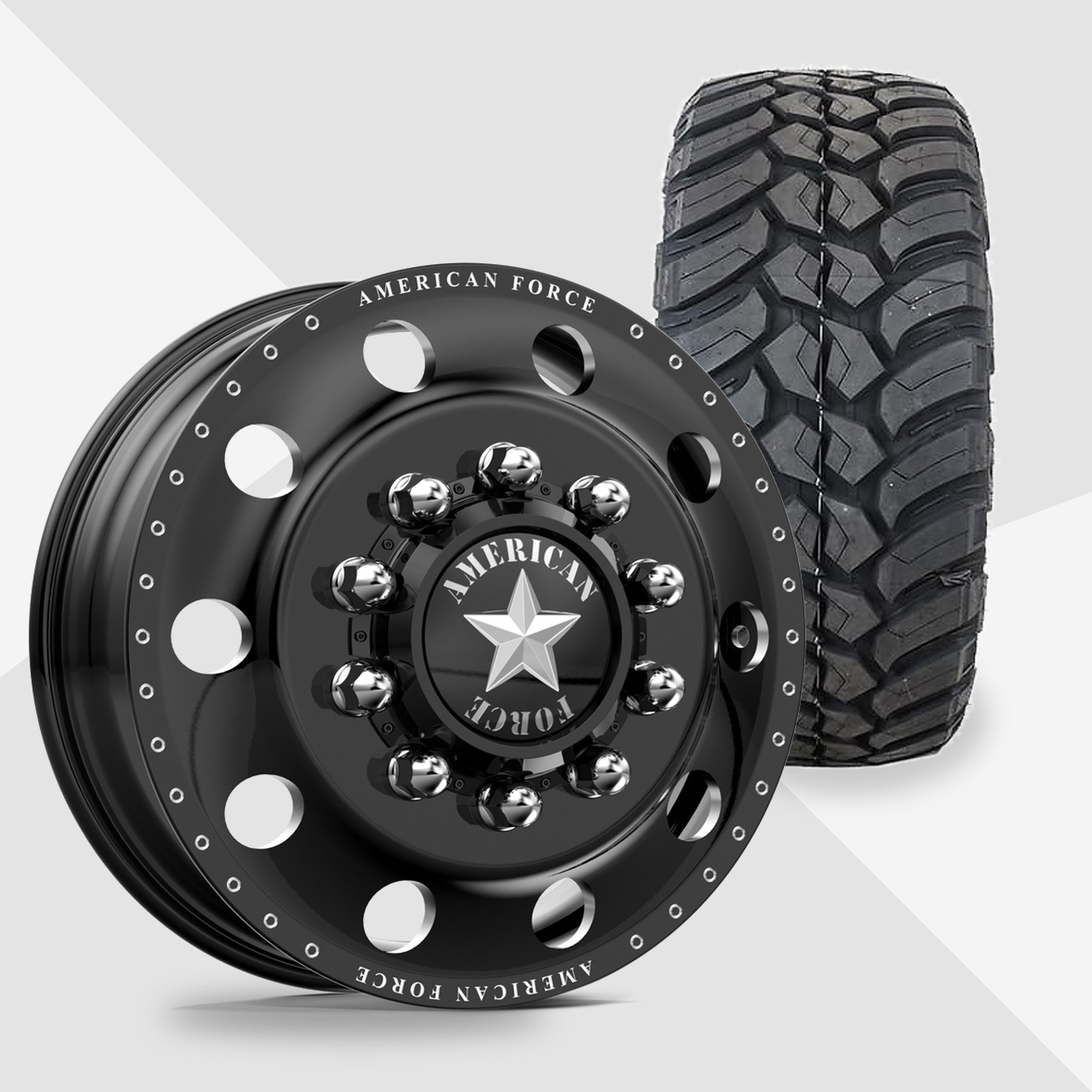 American Force Classic Gloss Black Milled 24x8.25 AMP Tires Terrain Attack M/T 37x13.50R24 24" Dually Package