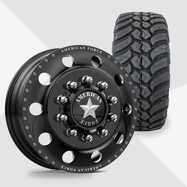 American Force Classic Gloss Black Milled 22x8.25 AMP Tires Terrain Attack M/T 33x12.50R22 22" Dually Package