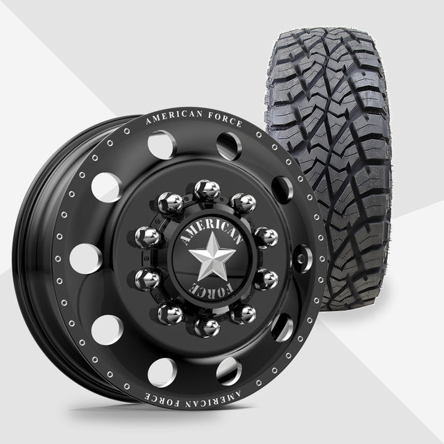 American Force Classic Gloss Black Milled 22x8.25 AMP Tires Terrain Attack R/T 33x12.50R22 22" Dually Package