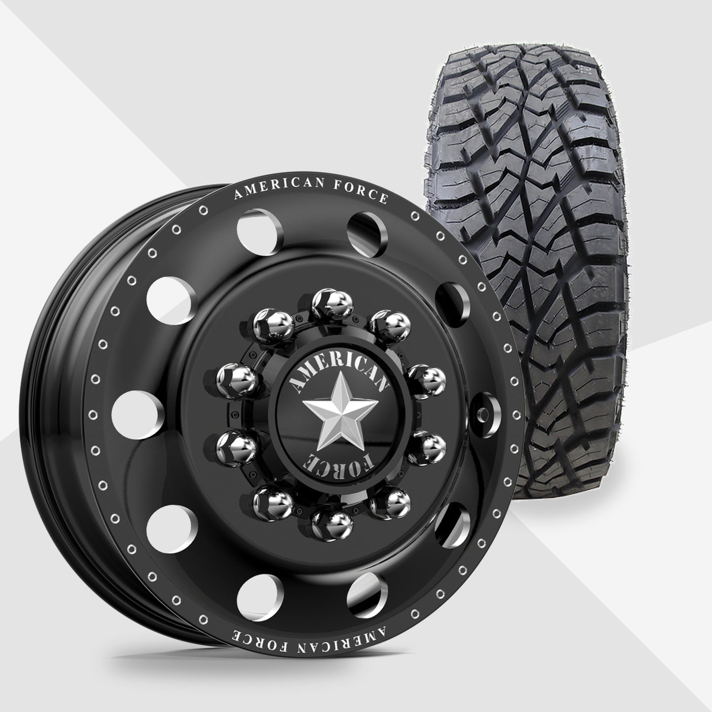 American Force Classic Gloss Black Milled 24x8.25 AMP Tires Terrain Attack R/T 37x13.50R24 24" Dually Package