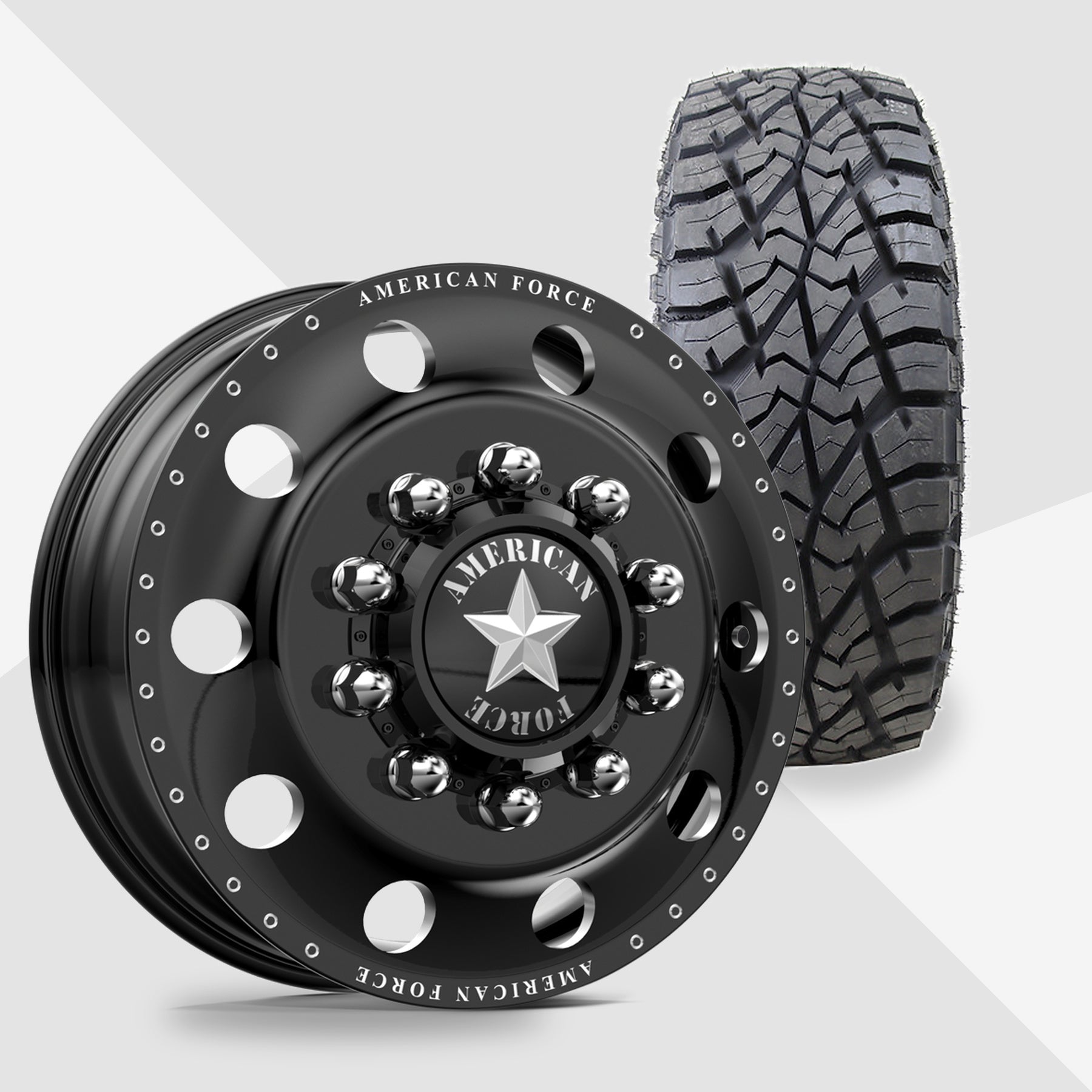 American Force Classic Gloss Black Milled 24x8.25 AMP Tires Terrain Attack R/T 37x13.50R24 24" Dually Package