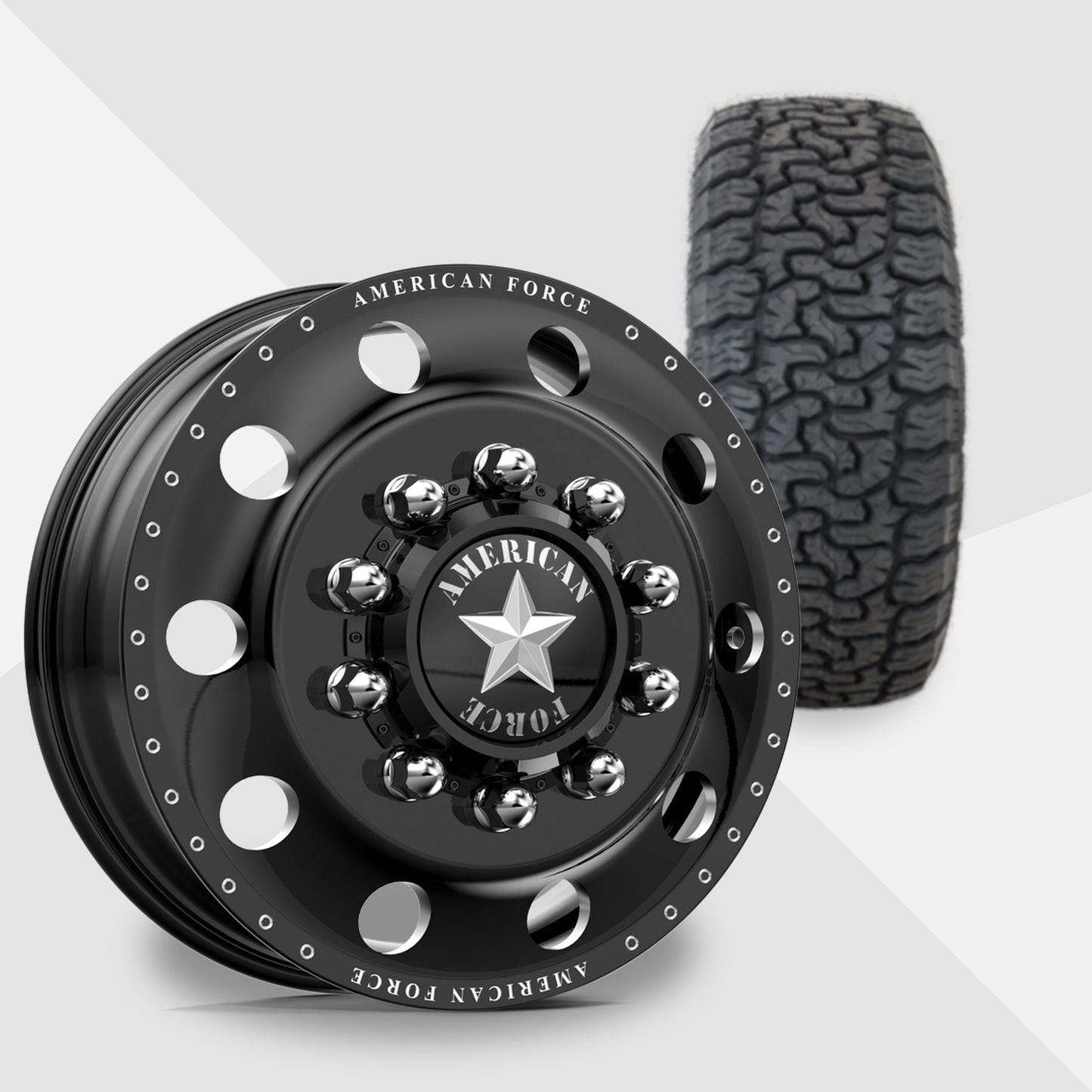 American Force Classic Gloss Black Milled 22x8.25 AMP Tires Terrain Pro A/T 295/50R22 22" Dually Package