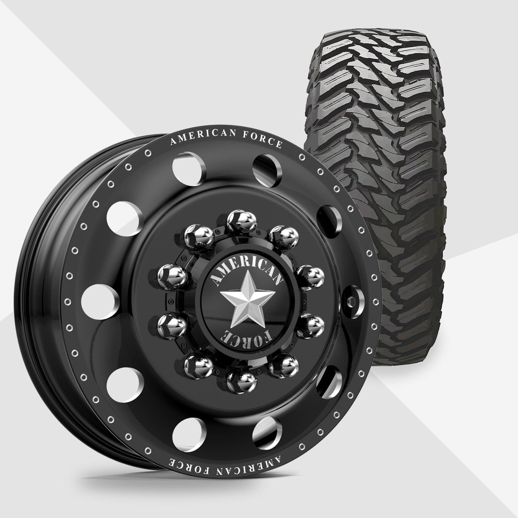 American Force Classic Gloss Black Milled 22x8.25 Atturo Tires Trail Blade M/T 33x12.50R22 22" Dually Package