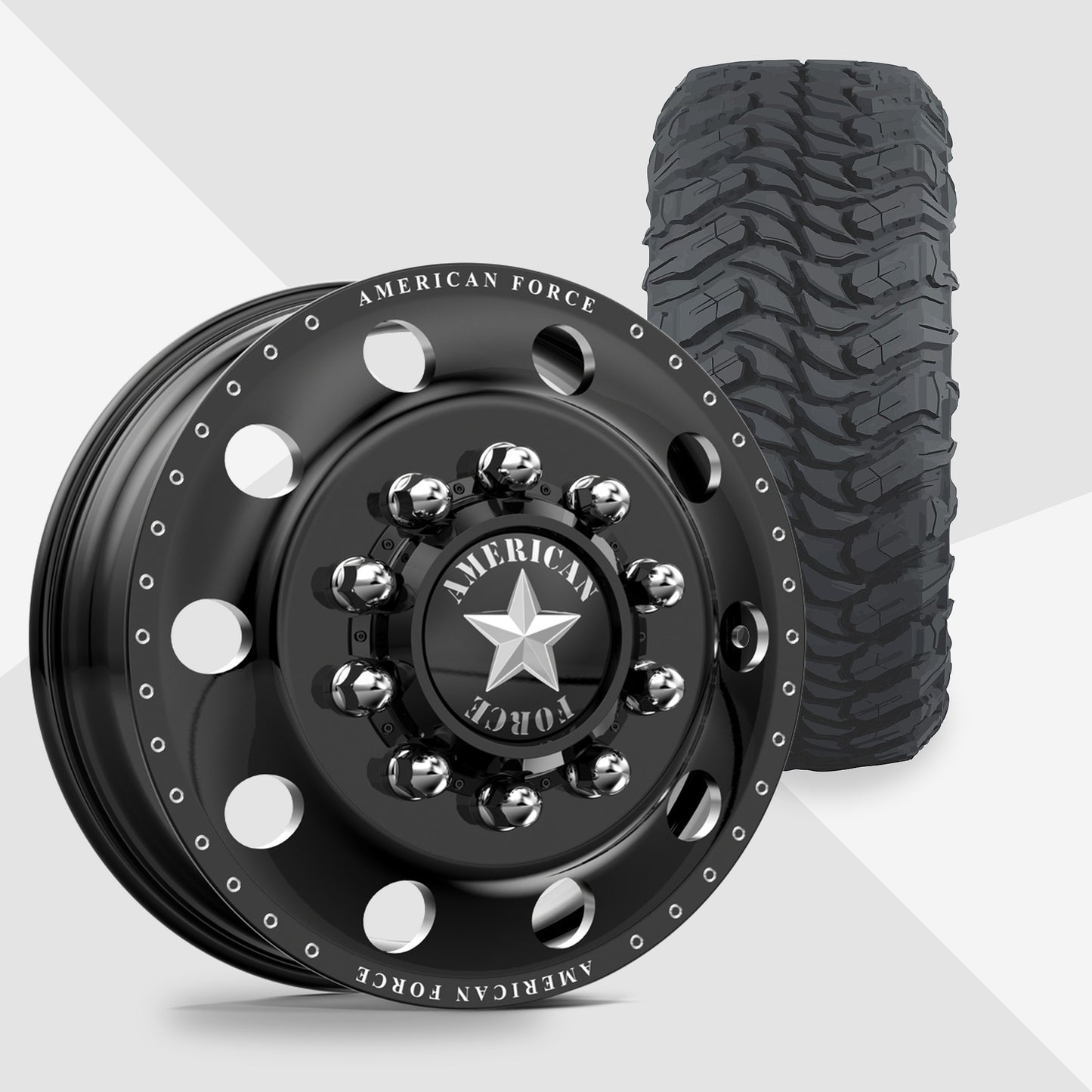 American Force Classic Gloss Black Milled 24x8.25 Atturo Tires Trail Blade MTS 35x13.50R24 24" Dually Package