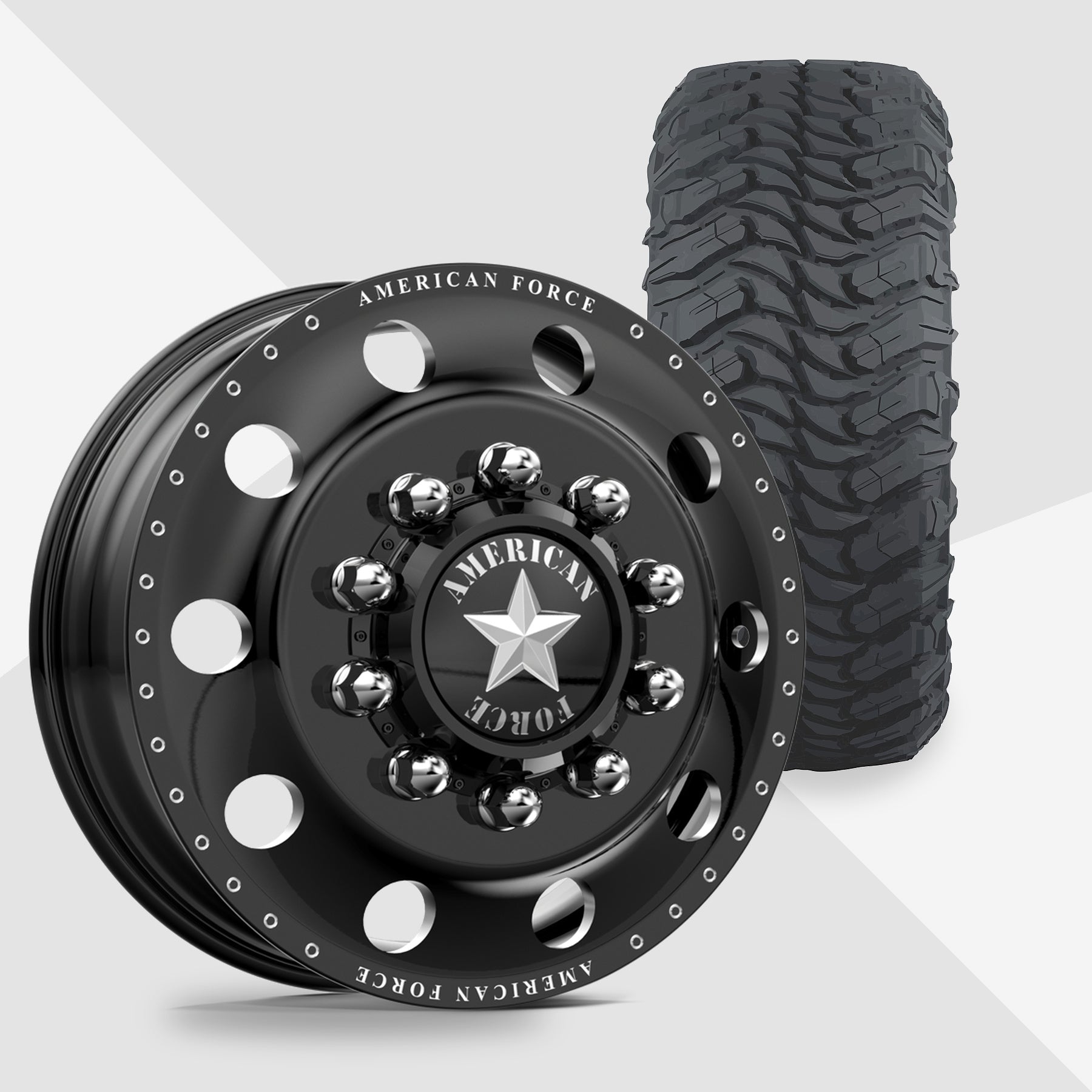 American Force Classic Gloss Black Milled 24x8.25 Atturo Tires Trail Blade MTS 35x13.50R24 24" Dually Package