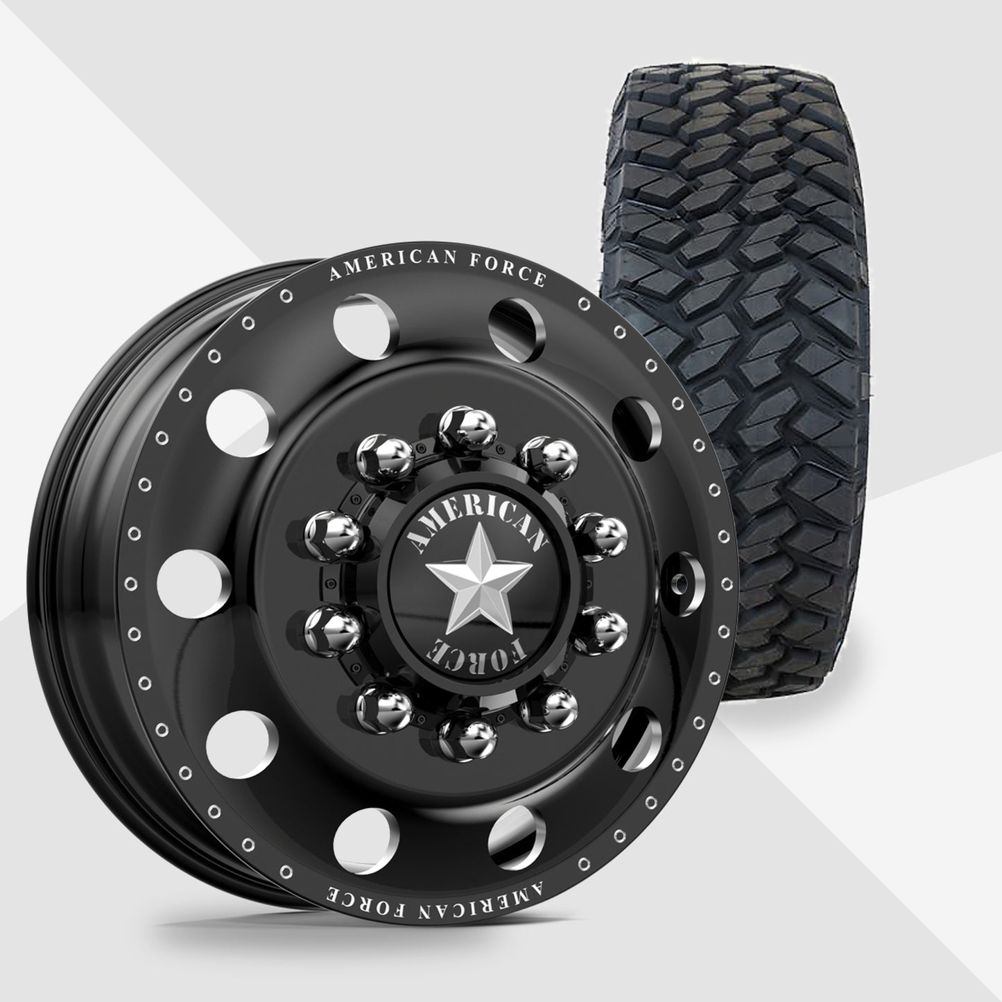 American Force Classic Gloss Black Milled 22x8.25 Nitto Tires Trail Grappler M/T 35x12.50R22 22" Dually Package