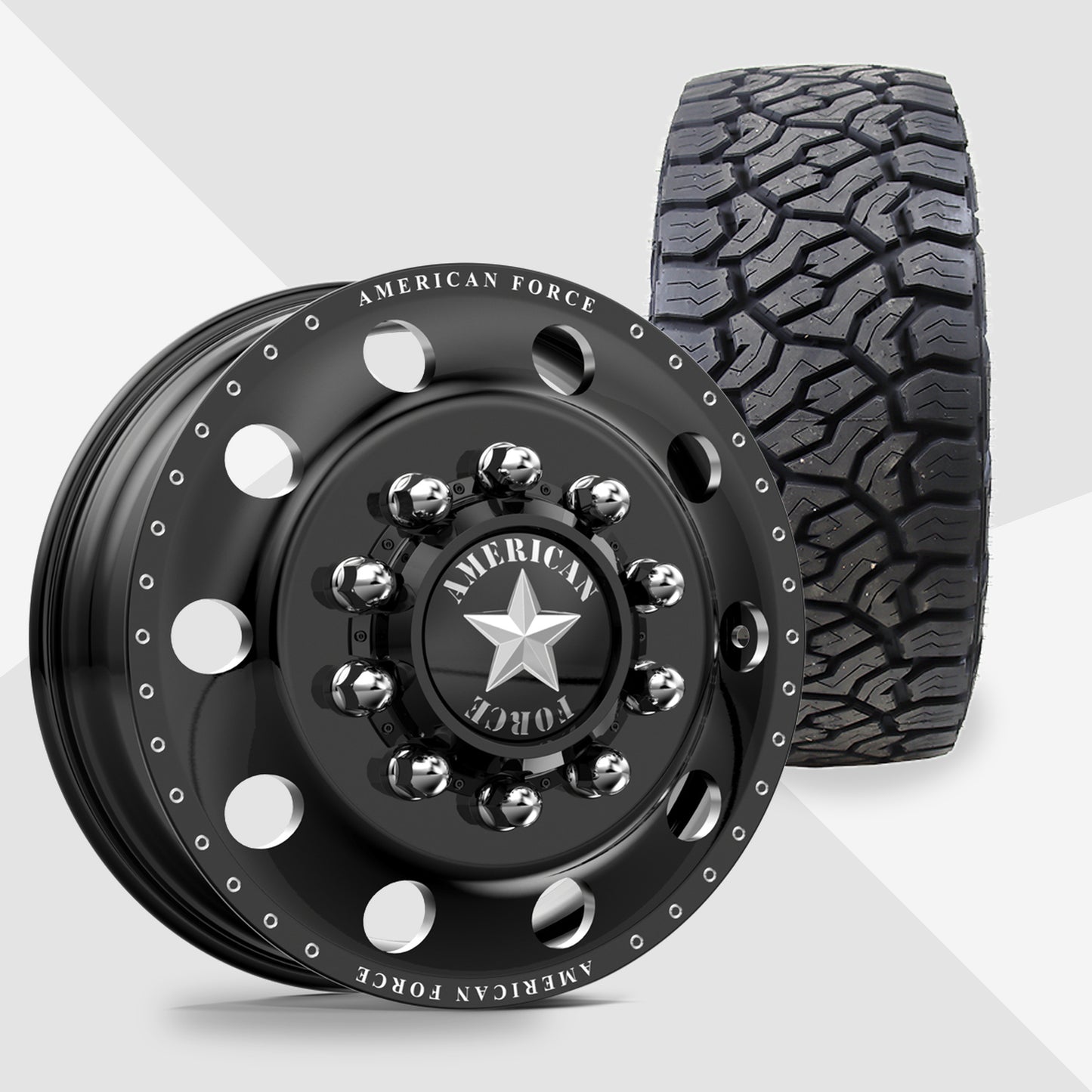 American Force Classic Gloss Black Milled 22x8.25 Venom Power Tires Trail Hunter ATX 33x12.50R22 22" Dually Package
