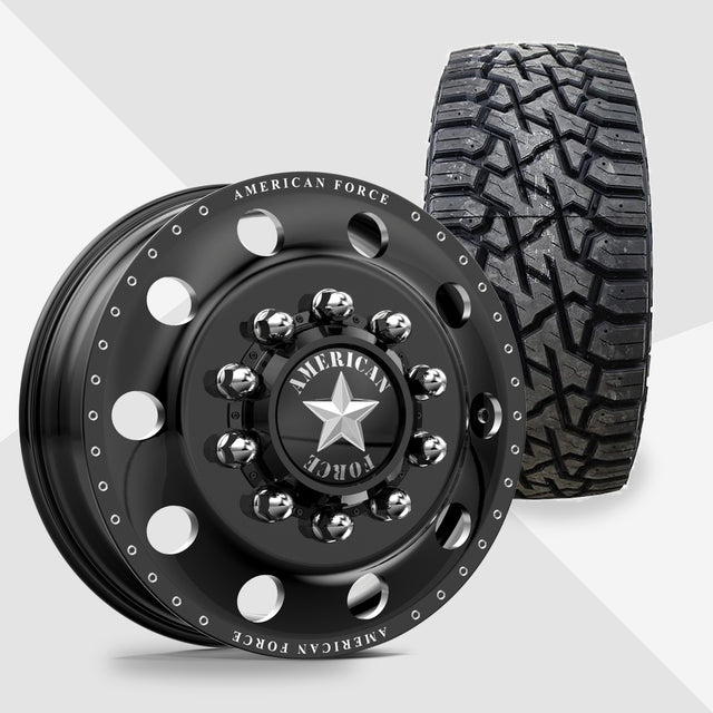 American Force Classic Gloss Black Milled 22x8.25 Venom Power Tires Trail Hunter R/T 33x12.50R22 22" Dually Package