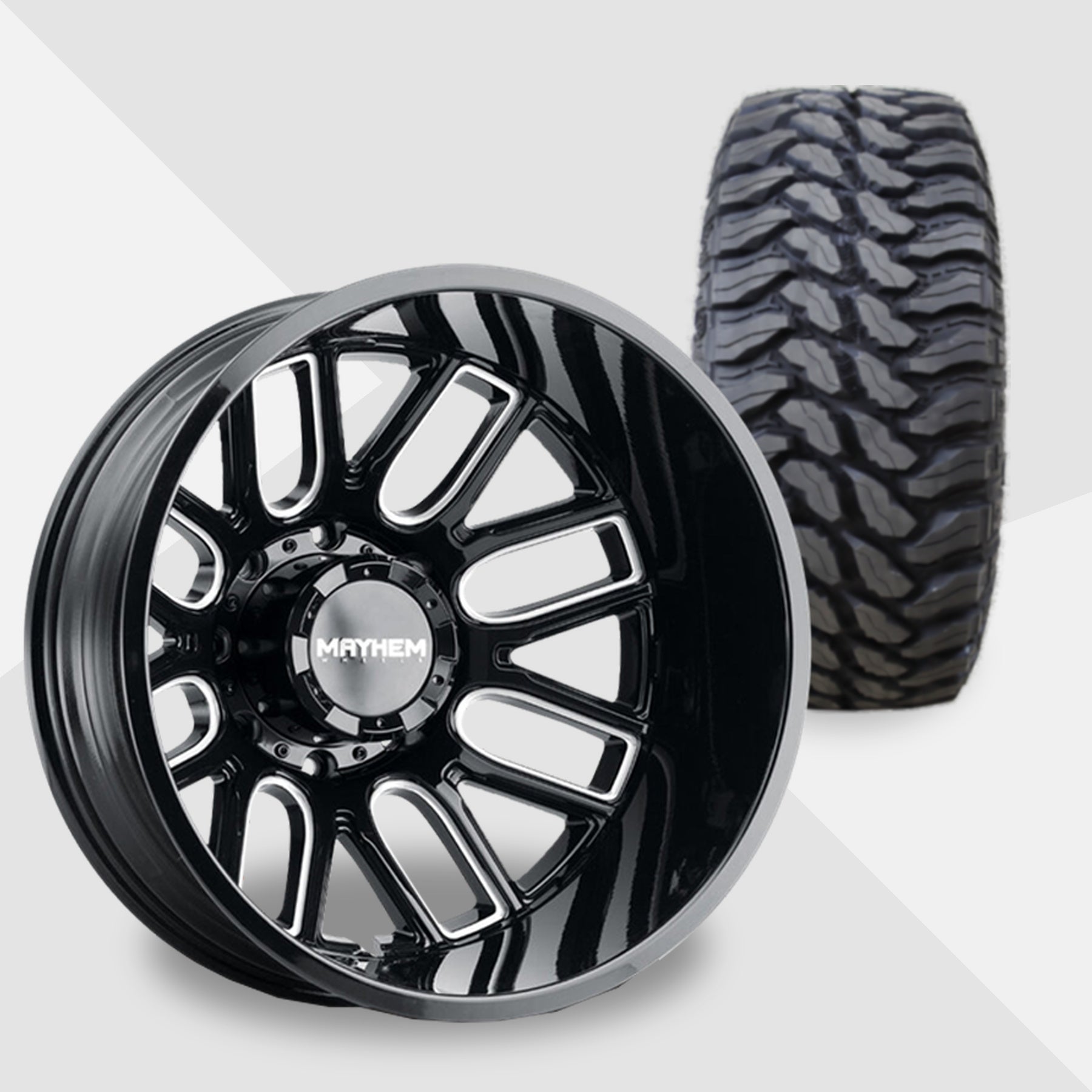 Mayhem Cogent Dually Gloss Black with Milled Spokes 20x8.25 Wheels & TIS Tires TIS Offroad TT1 M/T 275/55R20 Tires - 20" Dually Package