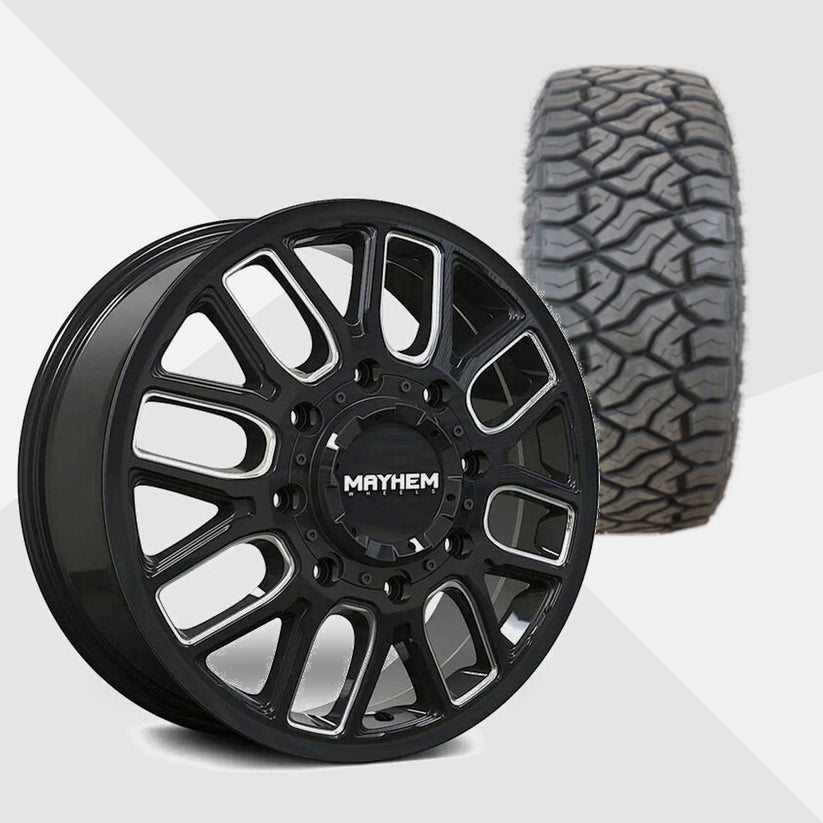 Mayhem Cogent Gloss Black Milled Spokes 20x8.25 8x210 with TIS Tires TIS Offroad TT1 M/T 275/55R20 Dually Package