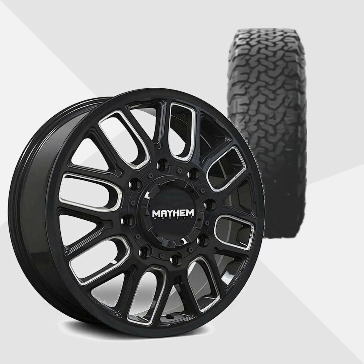 Mayhem Cogent Dually Gloss Black with Milled Spokes 20x8.25 Wheels & BF Goodrich Tires All-Terrain T/A KO3 285/55R20 Tires - 20" Dually Package