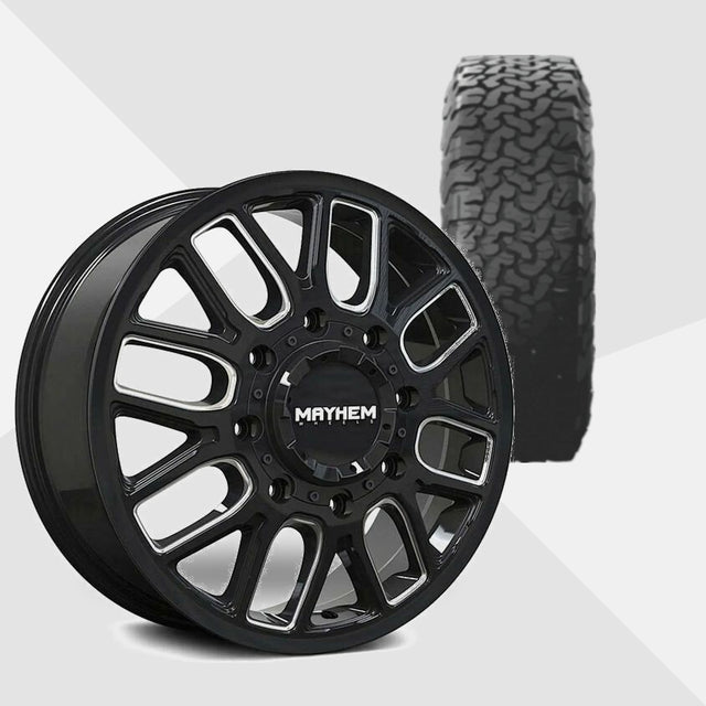 Mayhem Cogent Dually Gloss Black with Milled Spokes 20x8.25 Wheels & BF Goodrich Tires All-Terrain T/A KO3 285/55R20 Tires - 20" Dually Package