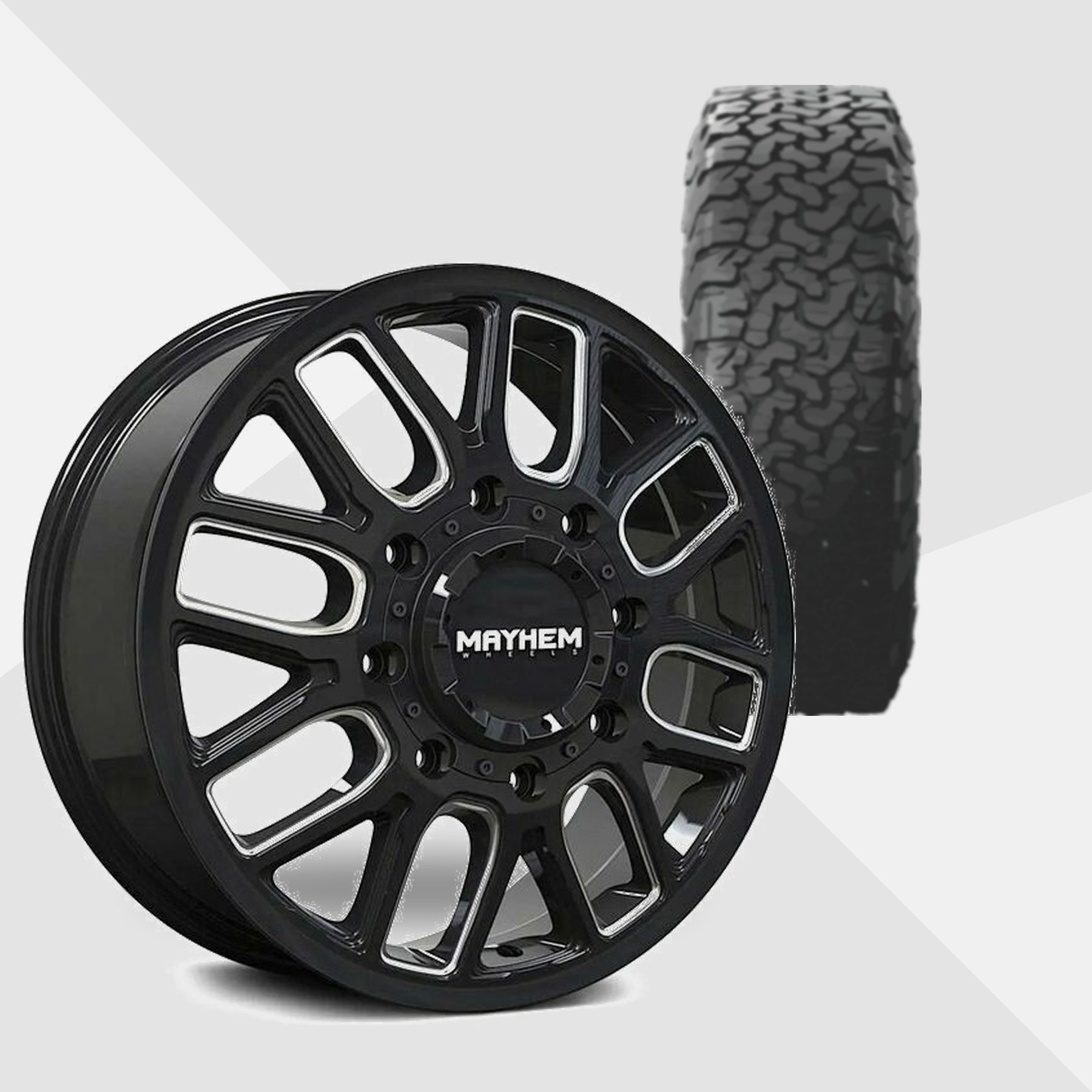Mayhem Cogent Dually Gloss Black with Milled Spokes 20x8.25 Wheels & BF Goodrich Tires All-Terrain T/A KO3 285/55R20 Tires - 20" Dually Package