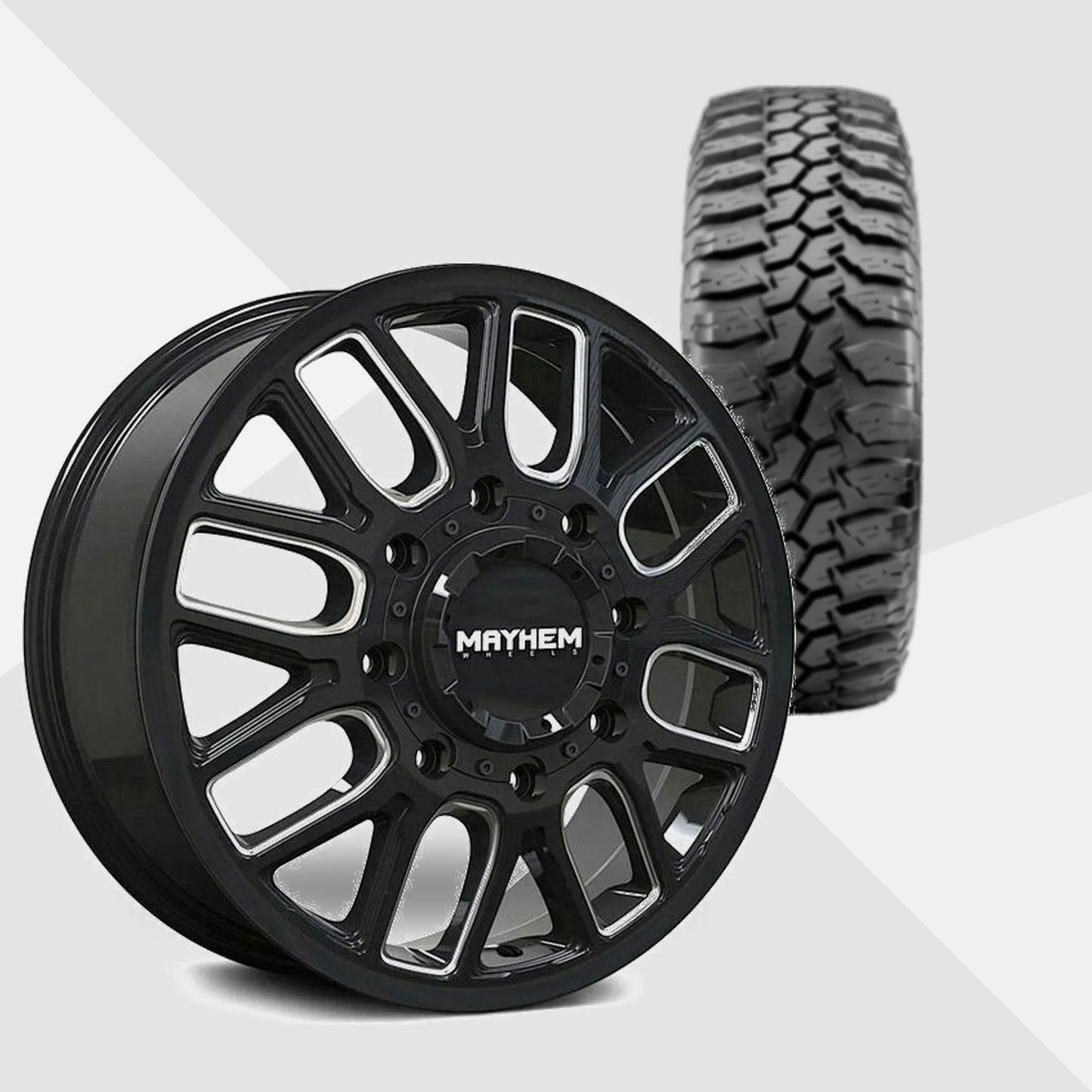 Mayhem Cogent Dually Gloss Black with Milled Spokes 20x8.25 Wheels & Maxxis Tires Bighorn M/T 762 275/65R20 Tires - 20" Dually Package