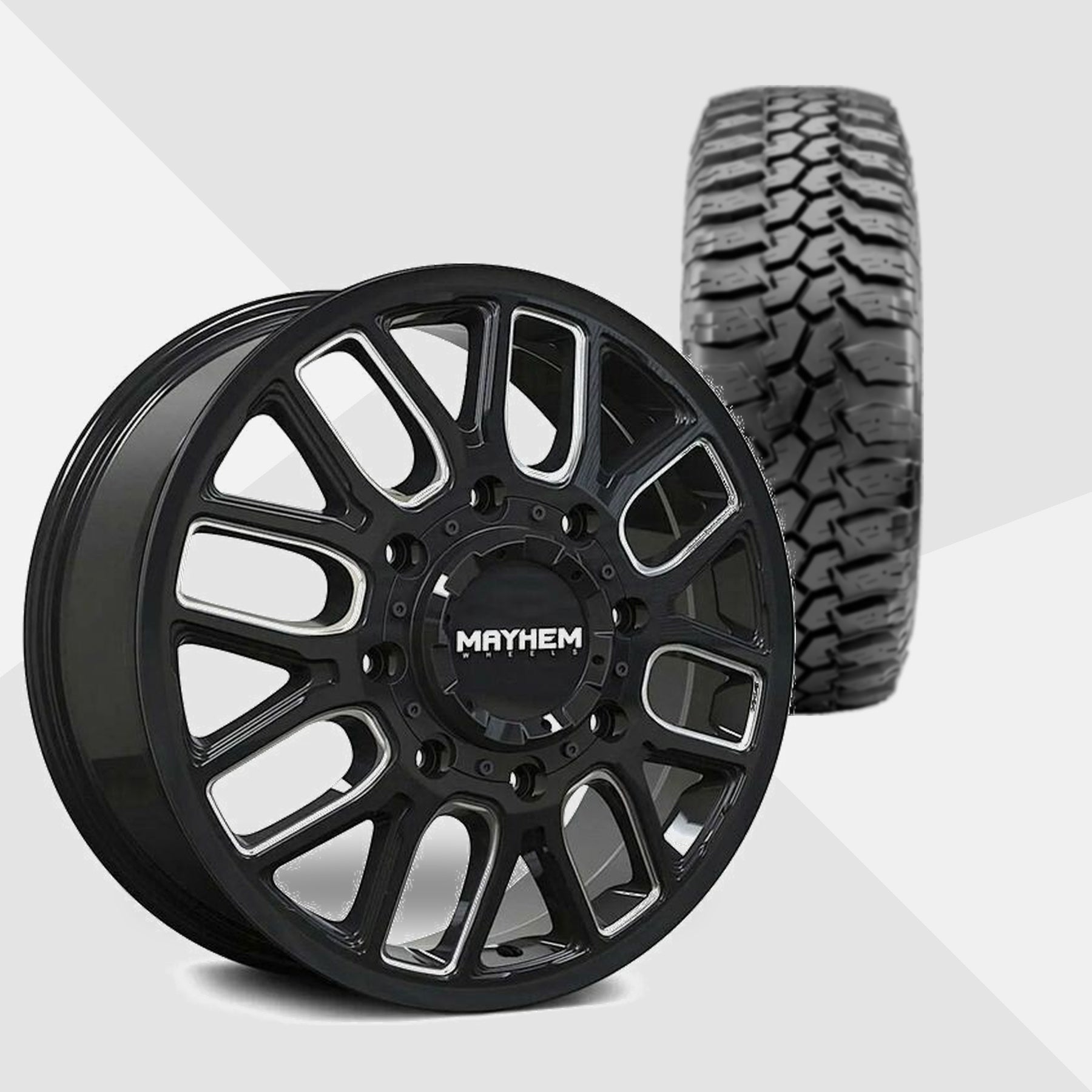 Mayhem Cogent Dually Gloss Black with Milled Spokes 20x8.25 Wheels & Maxxis Tires Bighorn M/T 762 275/65R20 Tires - 20" Dually Package