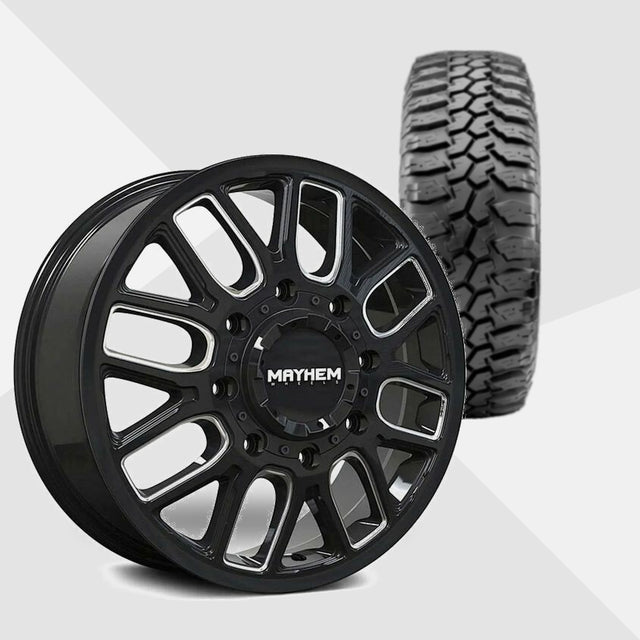 Mayhem Cogent Dually Gloss Black with Milled Spokes 20x8.25 Wheels & Maxxis Tires Bighorn M/T 762 275/65R20 Tires - 20" Dually Package
