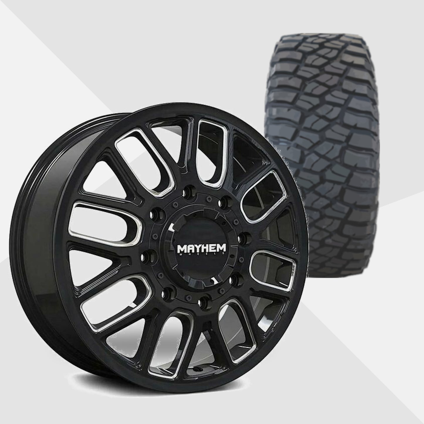 Mayhem Cogent Dually Gloss Black with Milled Spokes 20x8.25 Wheels & BF Goodrich Tires Mud Terrain T/A KM3 33x12.50R20 Tires - 20" Dually Package