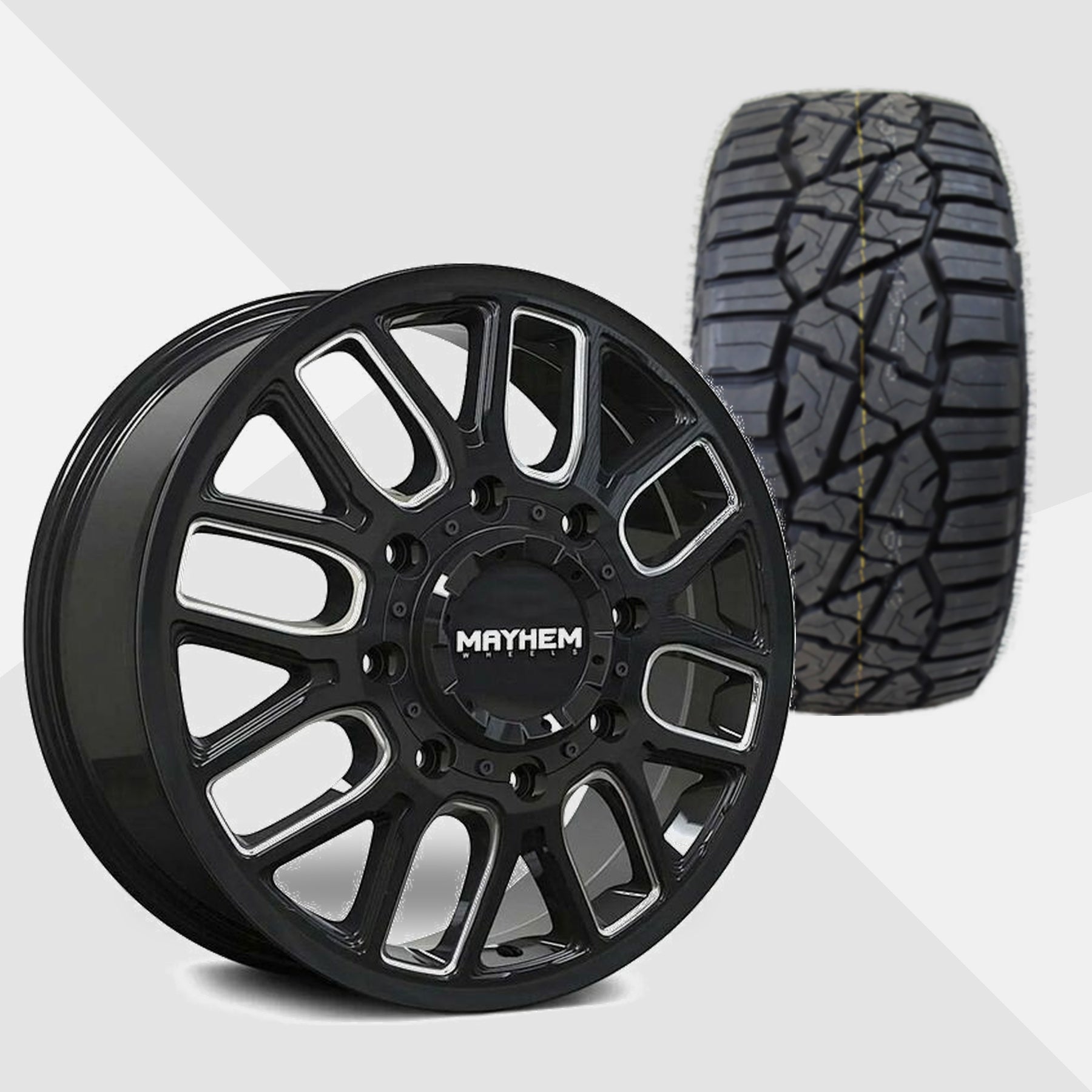 Mayhem Cogent Dually Gloss Black with Milled Spokes 20x8.25 Wheels & TIS Tires TIS Offroad RT1 275/55R20 Tires - 20" Dually Package
