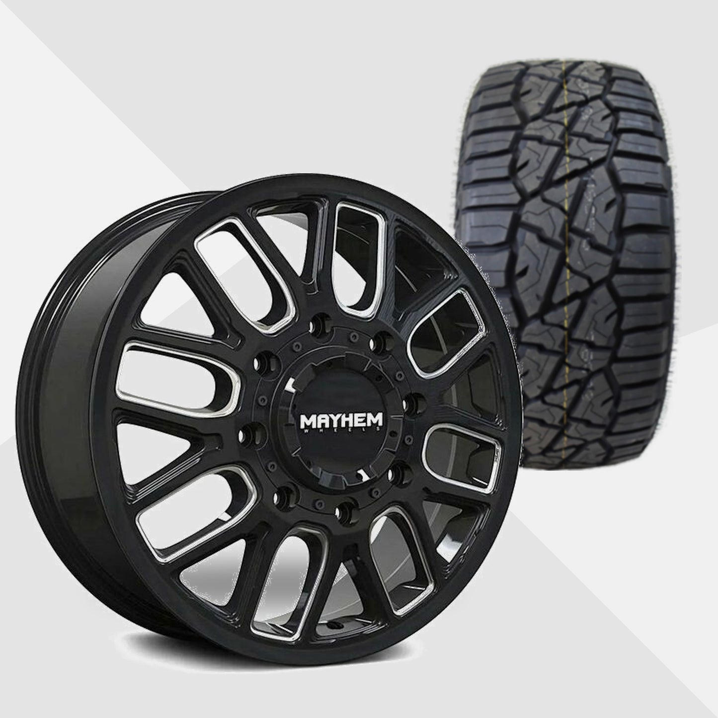 Mayhem Cogent Dually Gloss Black with Milled Spokes 20x8.25 Wheels & TIS Tires TIS Offroad RT1 275/55R20 Tires - 20" Dually Package