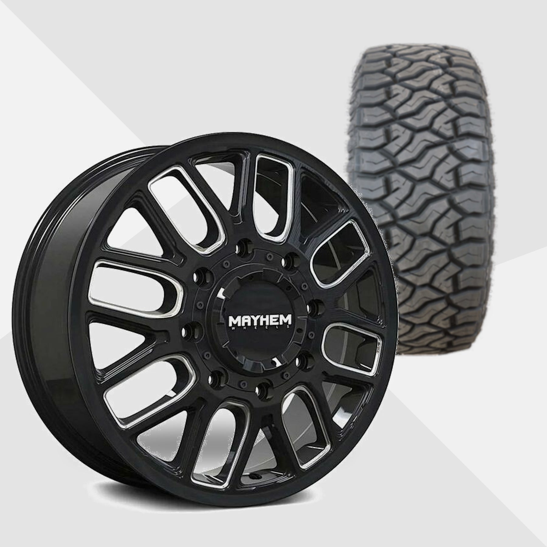 Mayhem Cogent Dually Gloss Black with Milled Spokes 20x8.25 Wheels & Venom Power Tires Terra Hunter R/T 275/55R20 Tires - 20" Dually Package