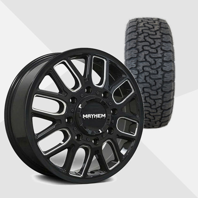 Mayhem Cogent Dually Gloss Black with Milled Spokes 20x8.25 Wheels & AMP Tires Terrain Pro A/T 35x12.50R20 Tires - 20" Dually Package