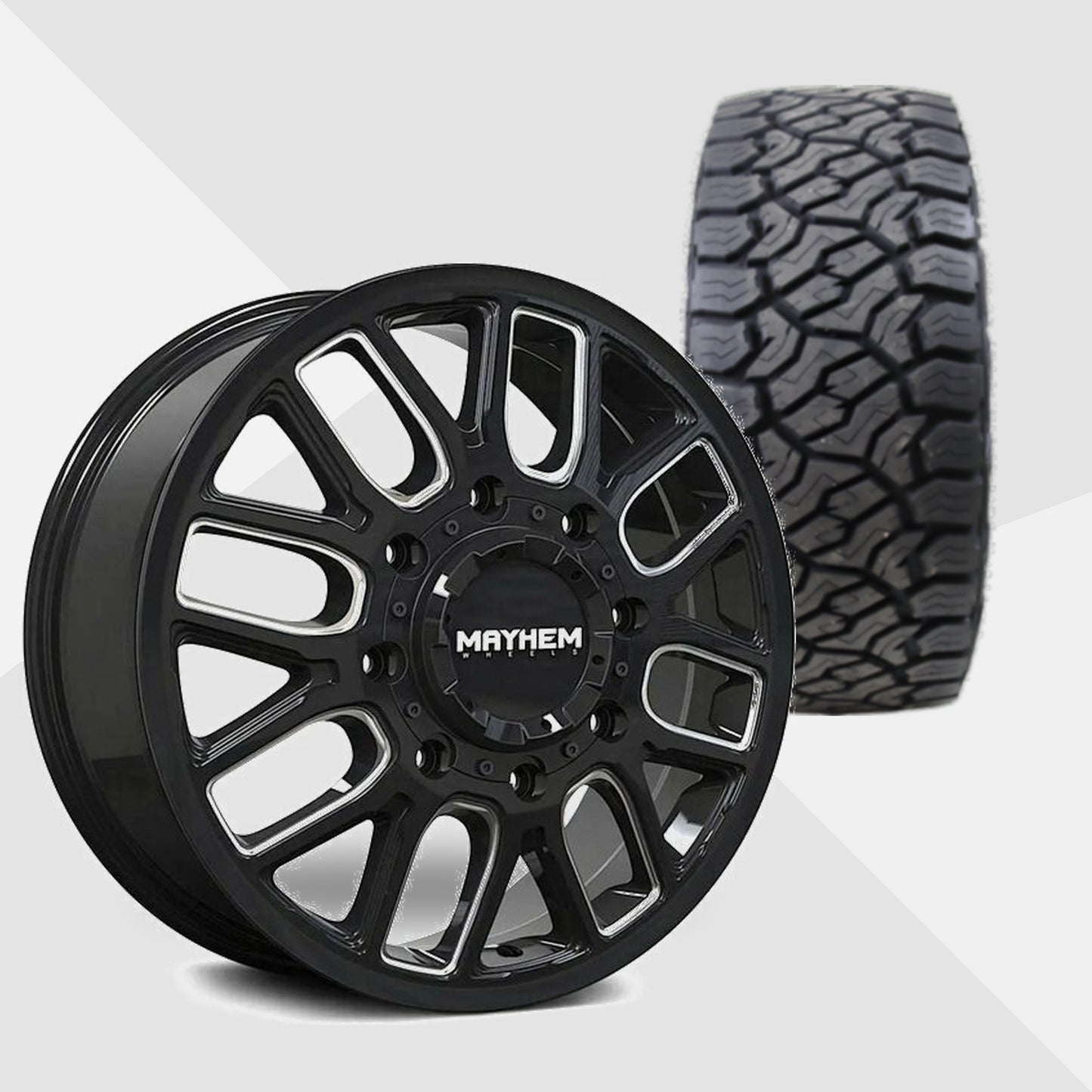 Mayhem Cogent Dually Gloss Black with Milled Spokes 20x8.25 Wheels & Venom Power Tires Trail Hunter ATX 33x12.50R20 Tires - 20" Dually Package