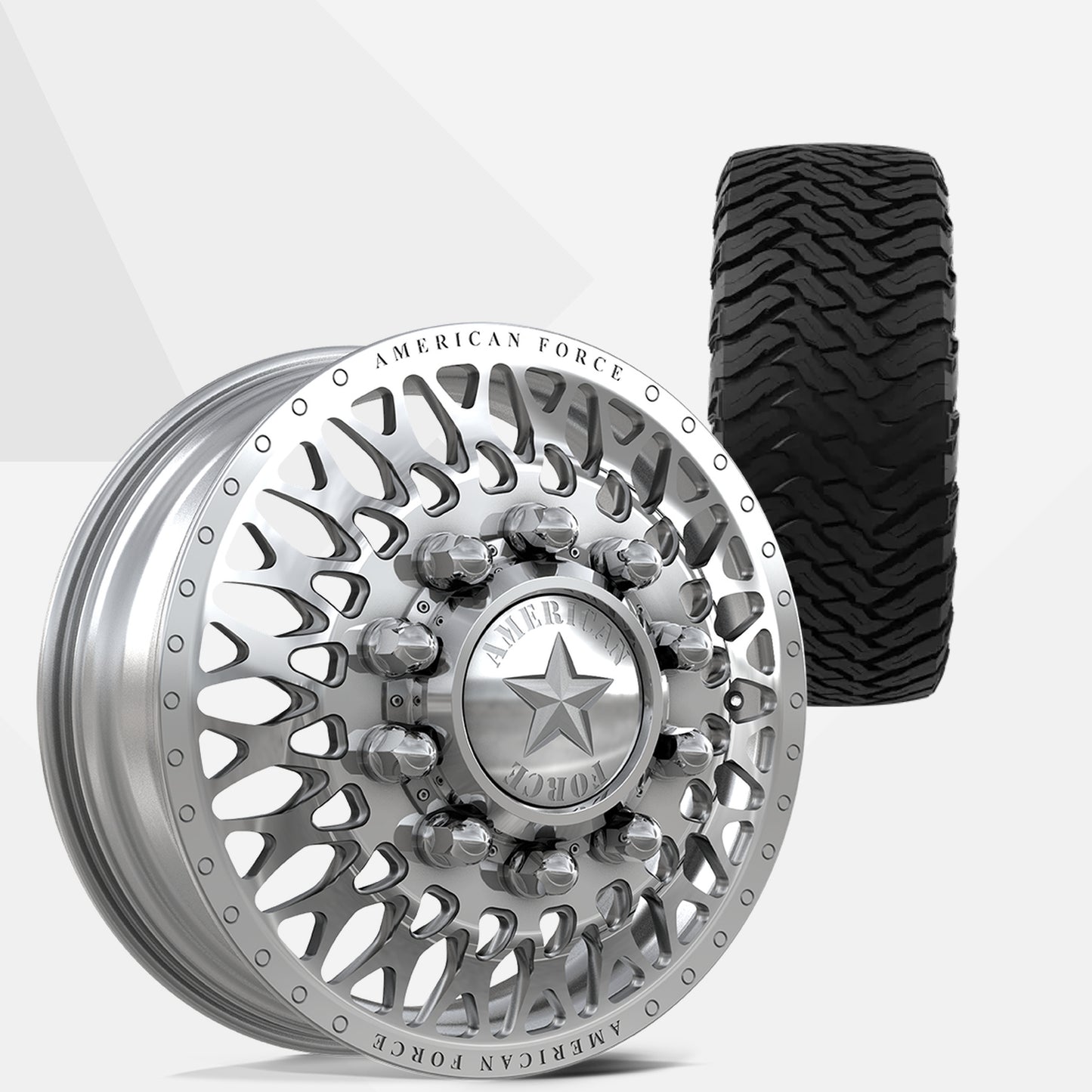 American Force Covert Polished 22x8.25 Wheels & Ironman Tires All Country M/T-X 37x13.50R22 Tires - 22" Dually Package