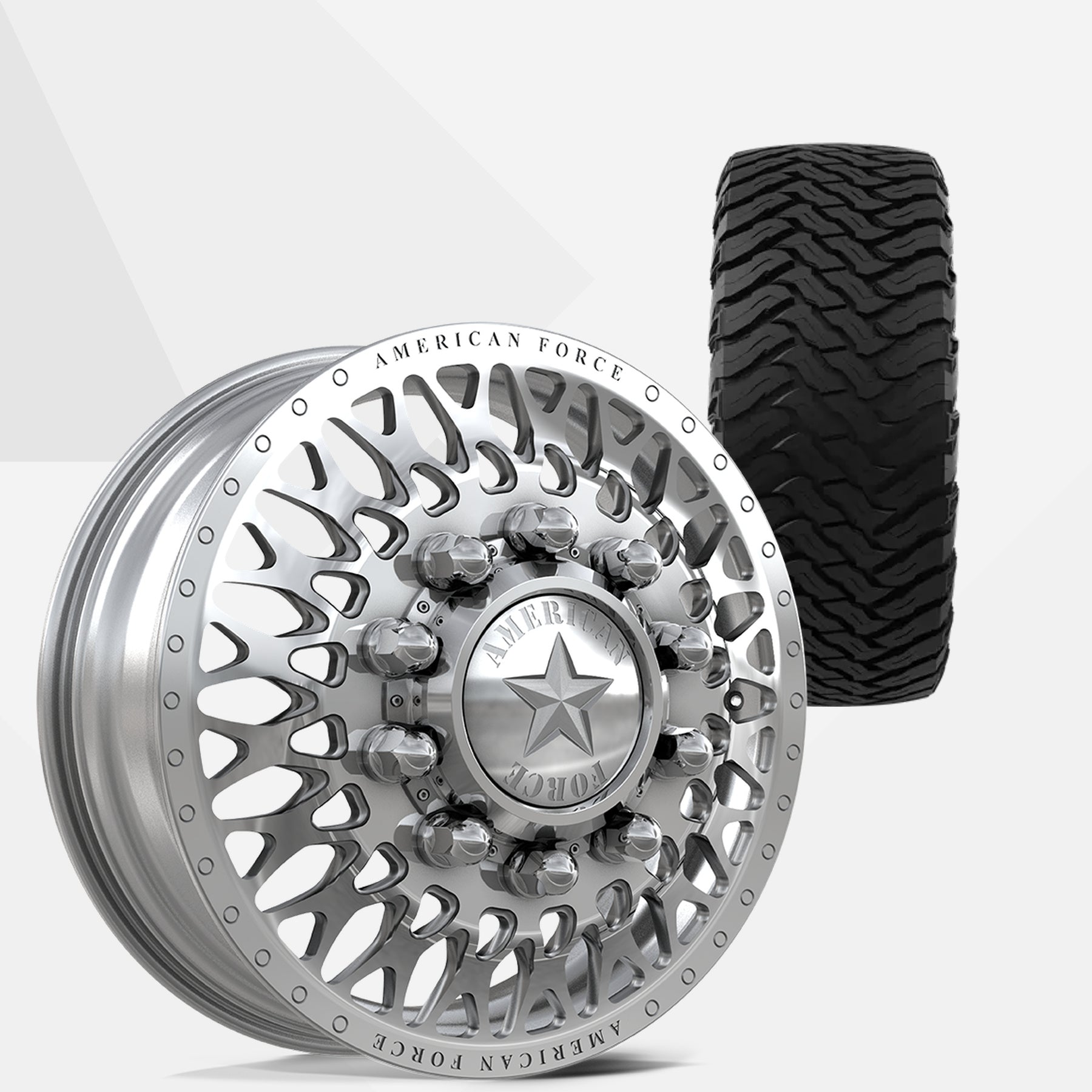 American Force Covert Polished 22x8.25 Wheels & Ironman Tires All Country M/T-X 37x13.50R22 Tires - 22" Dually Package