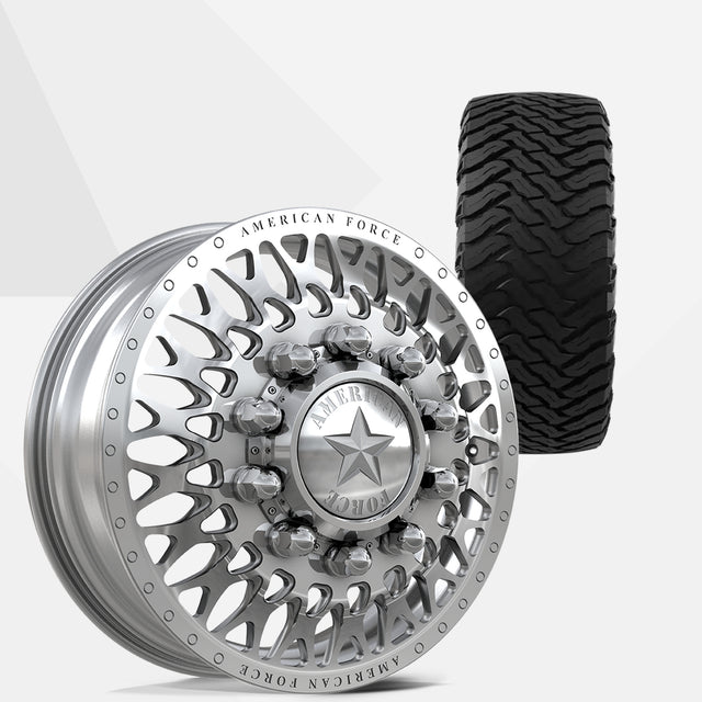 American Force Covert Polished 22x8.25 Wheels & Ironman Tires All Country M/T-X 37x13.50R22 Tires - 22" Dually Package