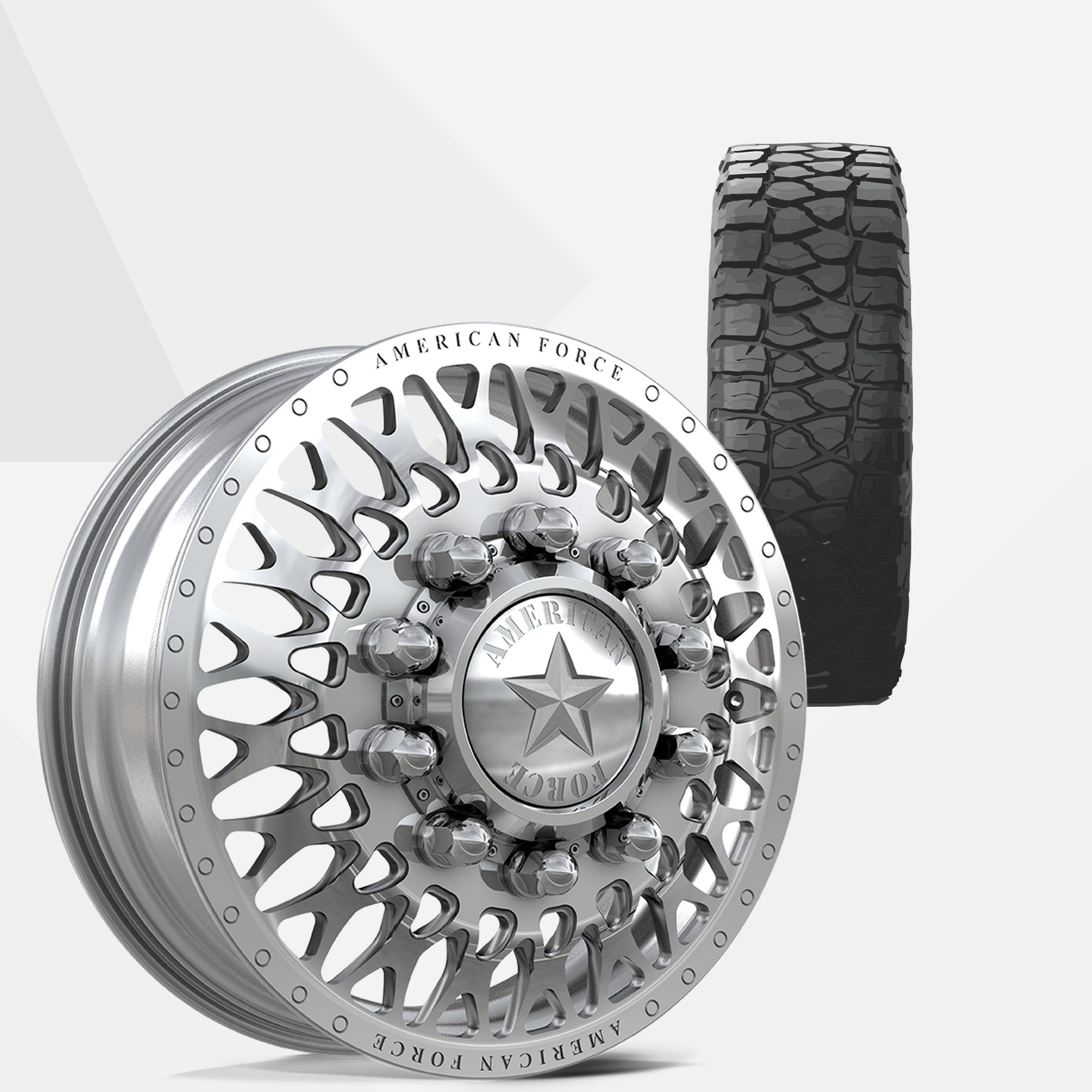 American Force Covert Polished 22x8.25 Wheels & BF Goodrich Tires HD-Terrain T/A KT 37x13.50R22 Tires - 22" Dually Package