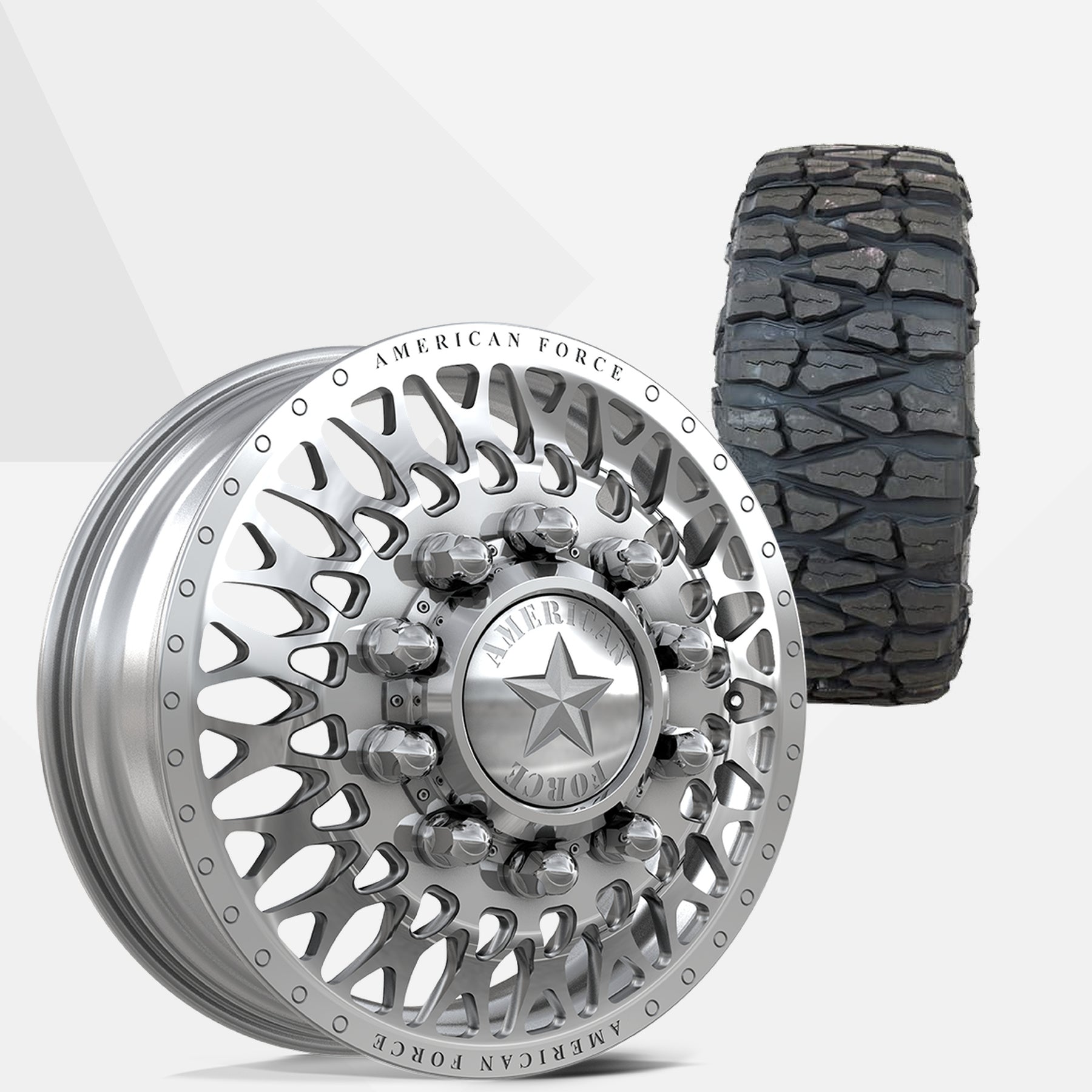 American Force Covert Polished 22x8.25 Wheels & Nitto Tires Mud Grappler 37x13.50R22 Tires - 22" Dually Package